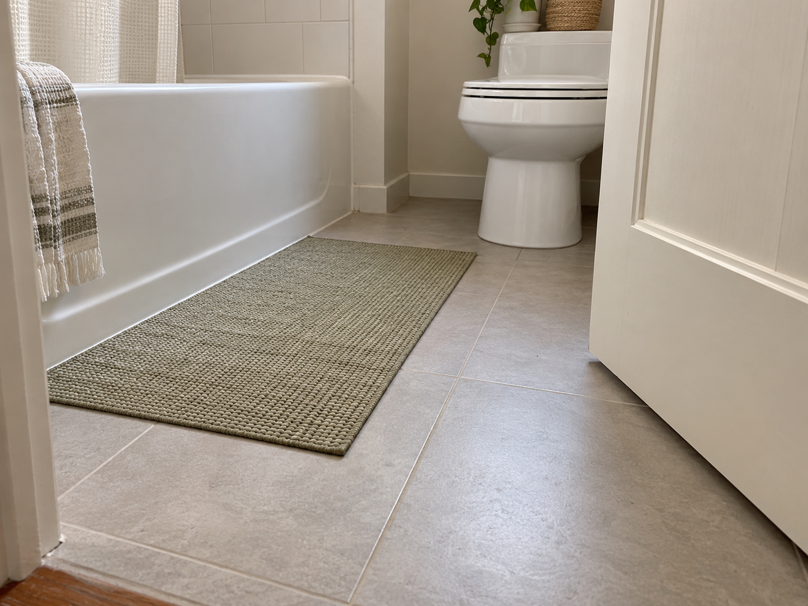 A thin bath mat lies flat beside a tub while the inward door opens freely and dry tile remains clear in front of the toilet.
