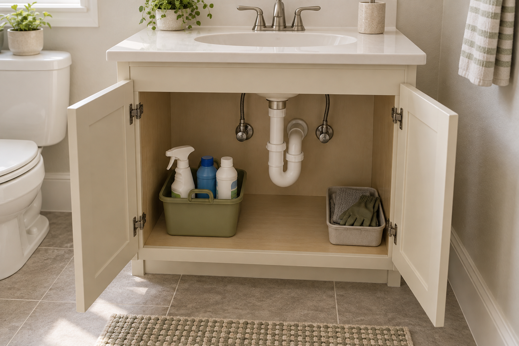 Open compact bathroom vanity with a cleaning caddy beside the drain pipes, a separate cloth-and-glove bin, and clear space beneath the plumbing.