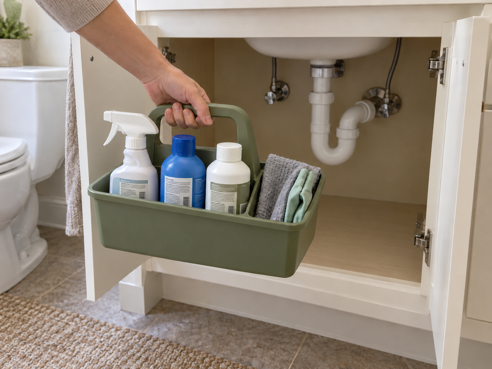 An adult lifts a handled bathroom cleaning caddy out of the vanity, keeping three closed bottles upright and leaving the drain pipes accessible.