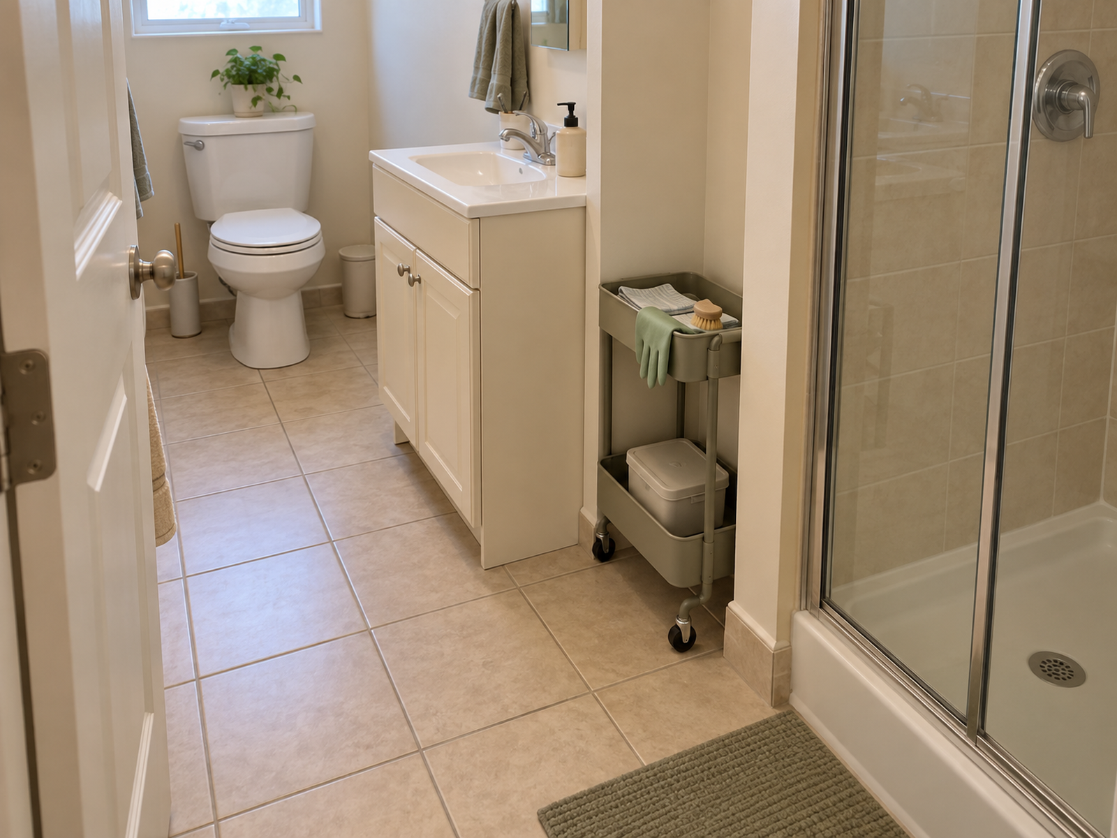 Slim wheeled bathroom cart holding cleaning accessories in a dry recess beside the vanity, with the toilet approach and central floor path open.