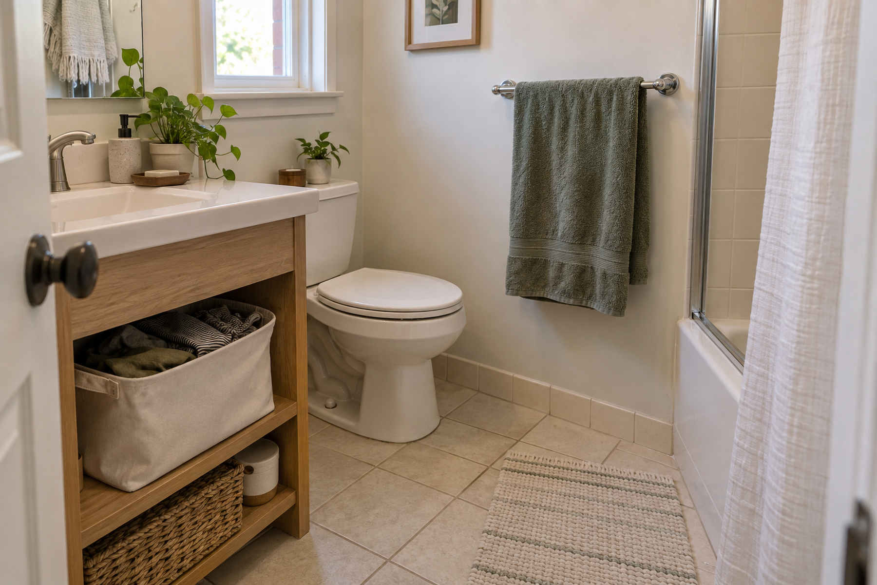A damp towel dries on a wall bar while dry dirty clothes sit separately in a removable caddy under the vanity, leaving the tiny bathroom floor and fixtures clear.