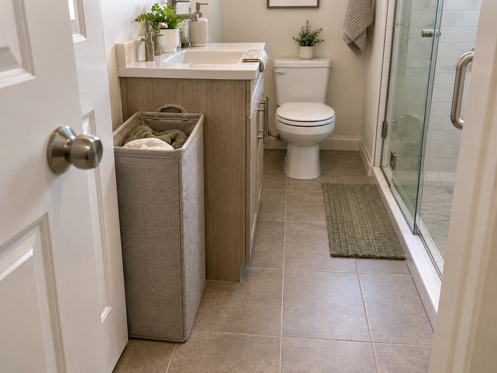 A tall slim hamper fits in a narrow dry strip beside the vanity while the bathroom door, shower, toilet, walking path, and upward removal space remain clear.