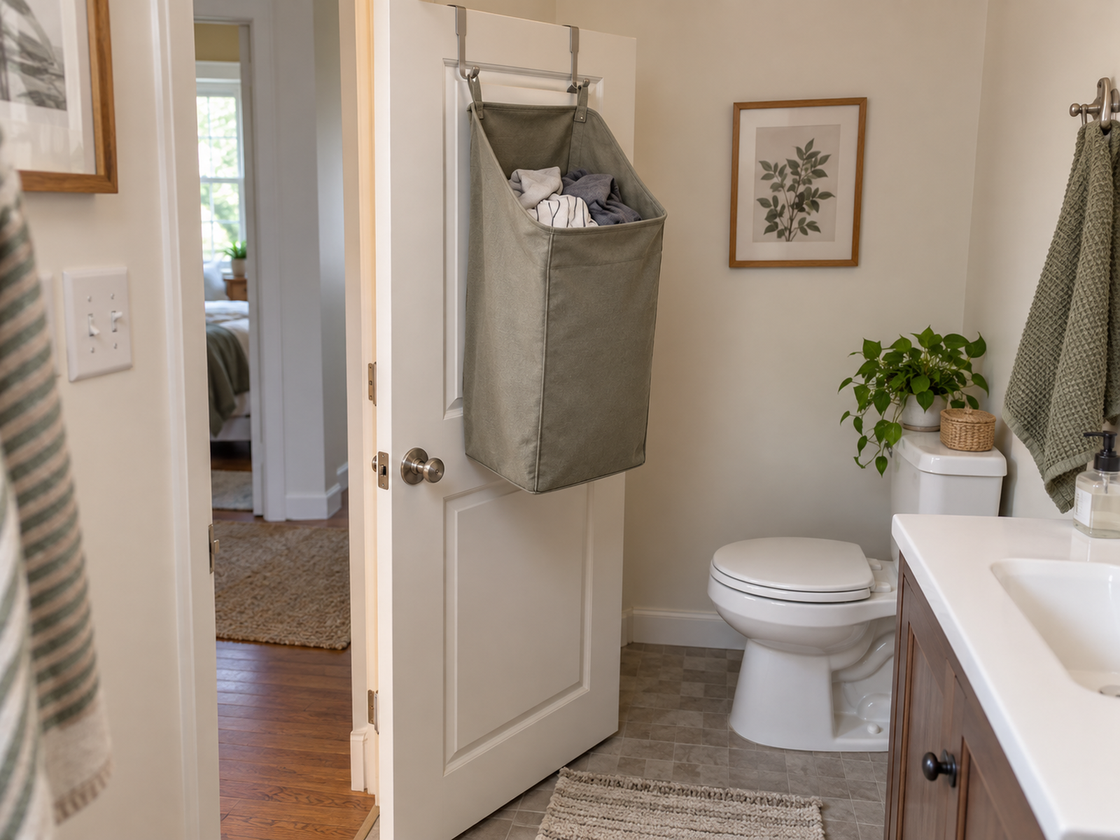 A modestly loaded fabric hamper hangs from two removable hooks on a partly open bathroom door, staying above the floor and clear of the wall, toilet, latch, and walking route.