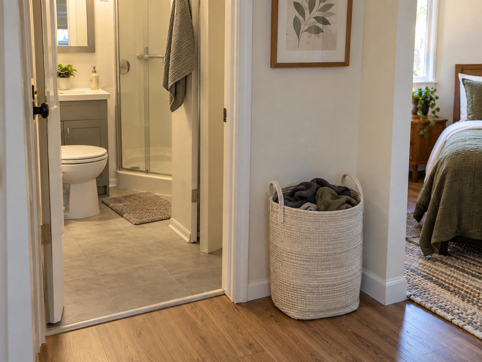 A portable laundry hamper sits in a dry wall niche just outside a tiny bathroom, with a short clear route from the doorway and no laundry pile on the bathroom floor.