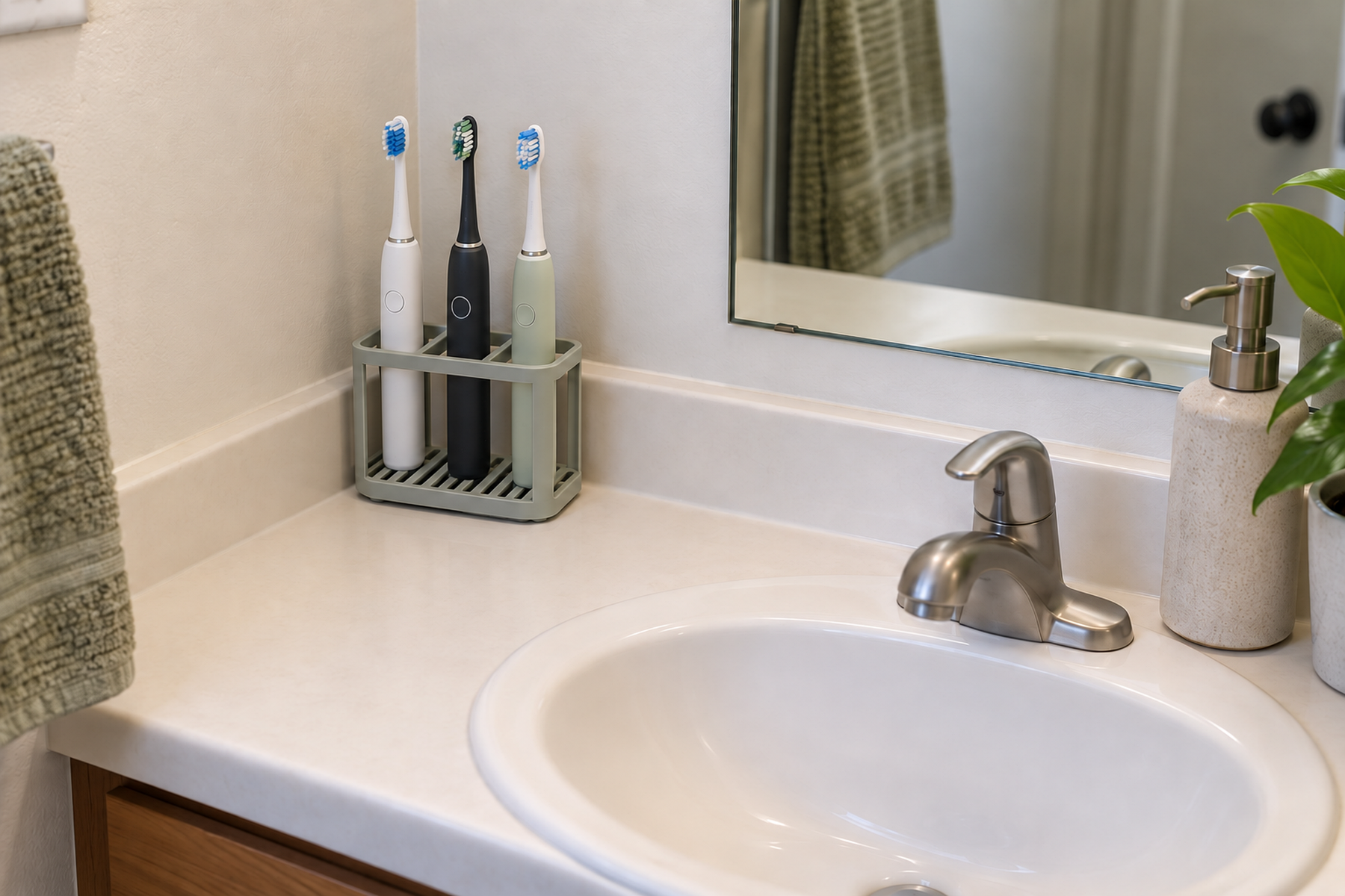 Three electric toothbrushes dry upright in a ventilated sage caddy on a narrow bathroom counter with open surface beside the sink.