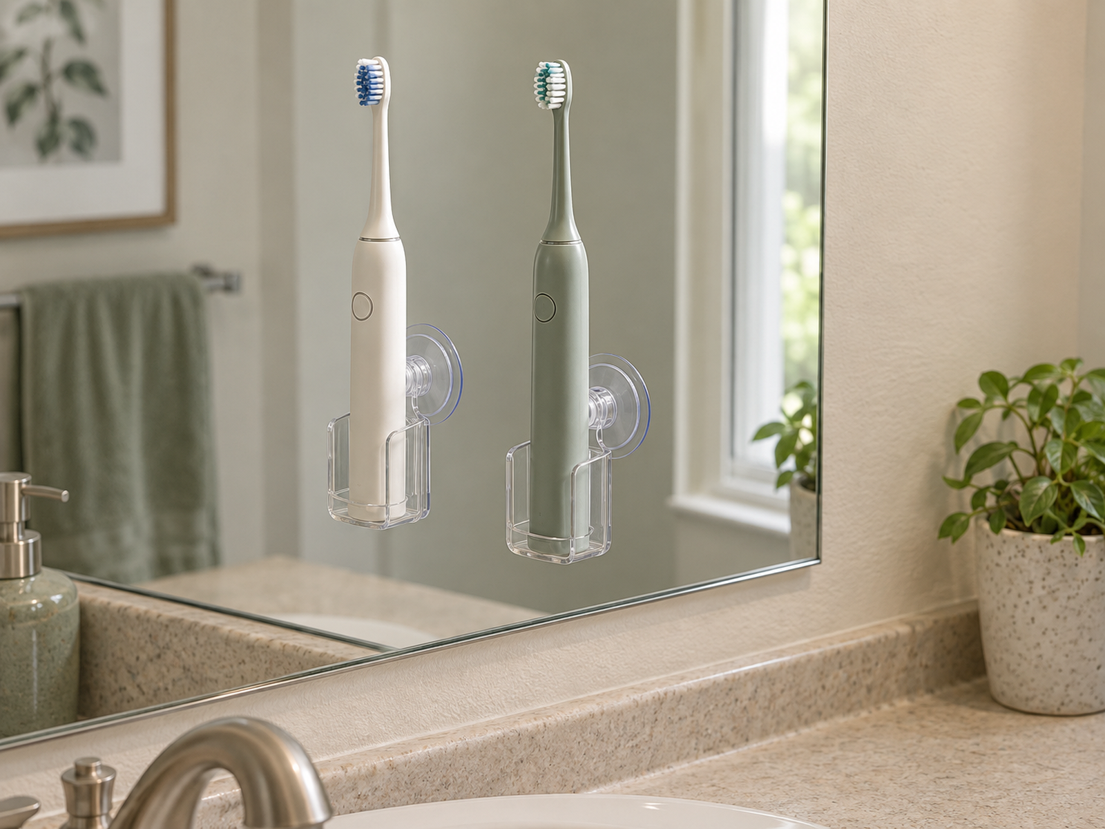 Two electric toothbrushes stand upright in transparent suction-cup holders on a bathroom mirror above a clear counter.
