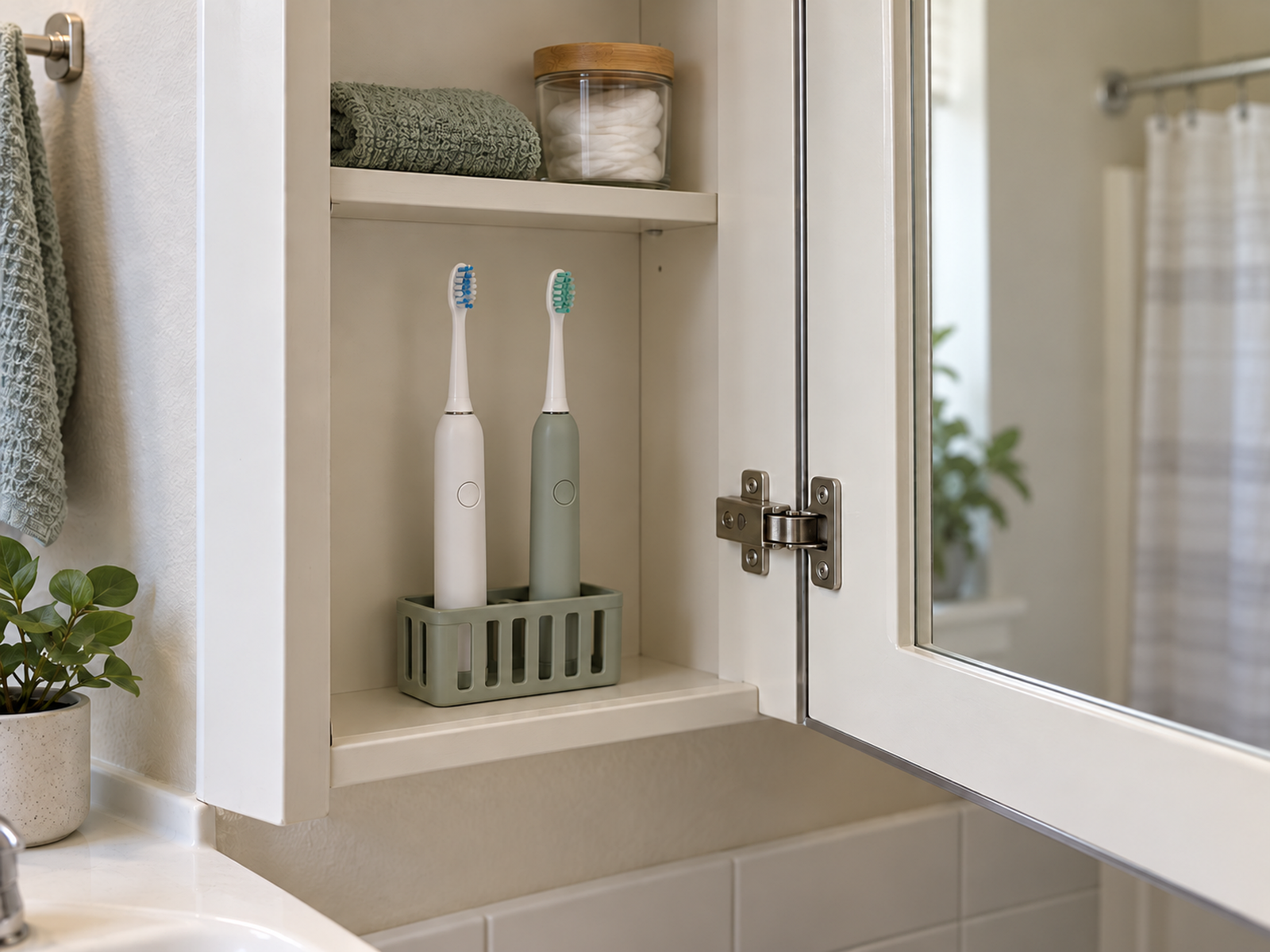 Two dry electric toothbrushes stand upright in a ventilated holder inside an open bathroom cabinet with clear shelf and door space.