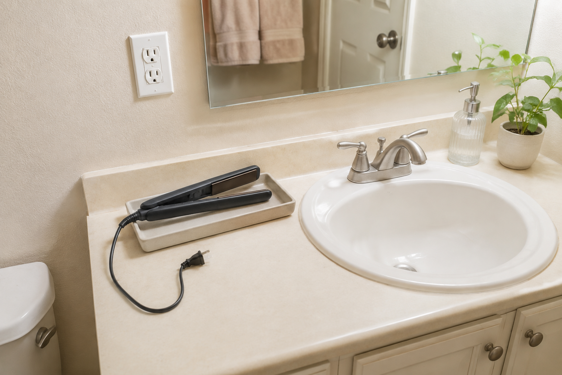 Compact bathroom counter with an unplugged flat iron resting on a dry tray away from the sink, its cord left loose.