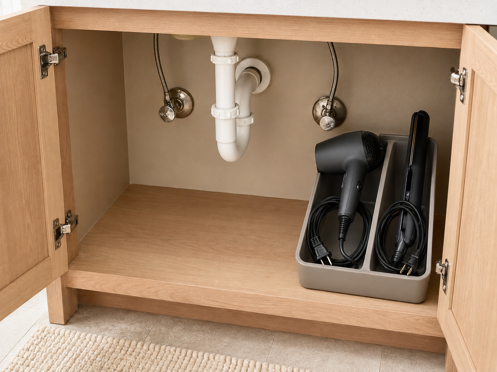 Small vanity cabinet with cooled hair tools and visible plugs in a removable side caddy while the P-trap and shutoffs remain accessible.