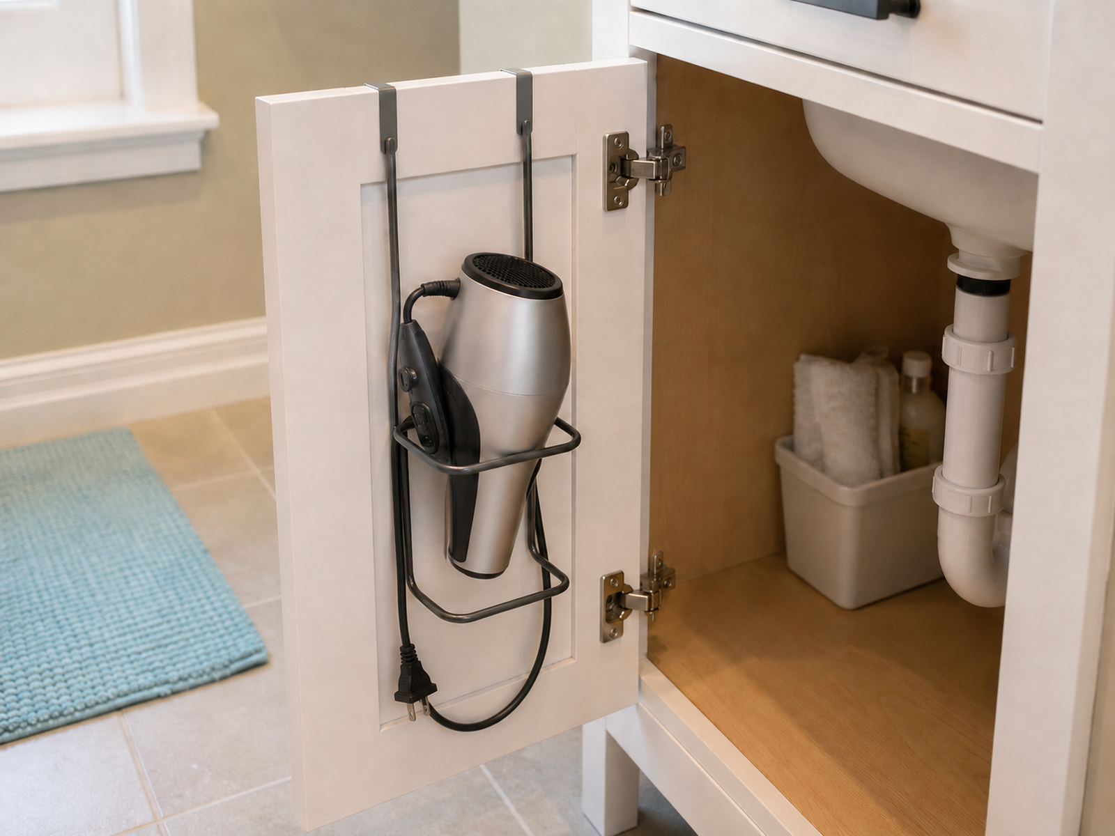 Inside of a small vanity door with a cooled hair dryer in a slim removable holder that clears the hinges and cabinet interior.