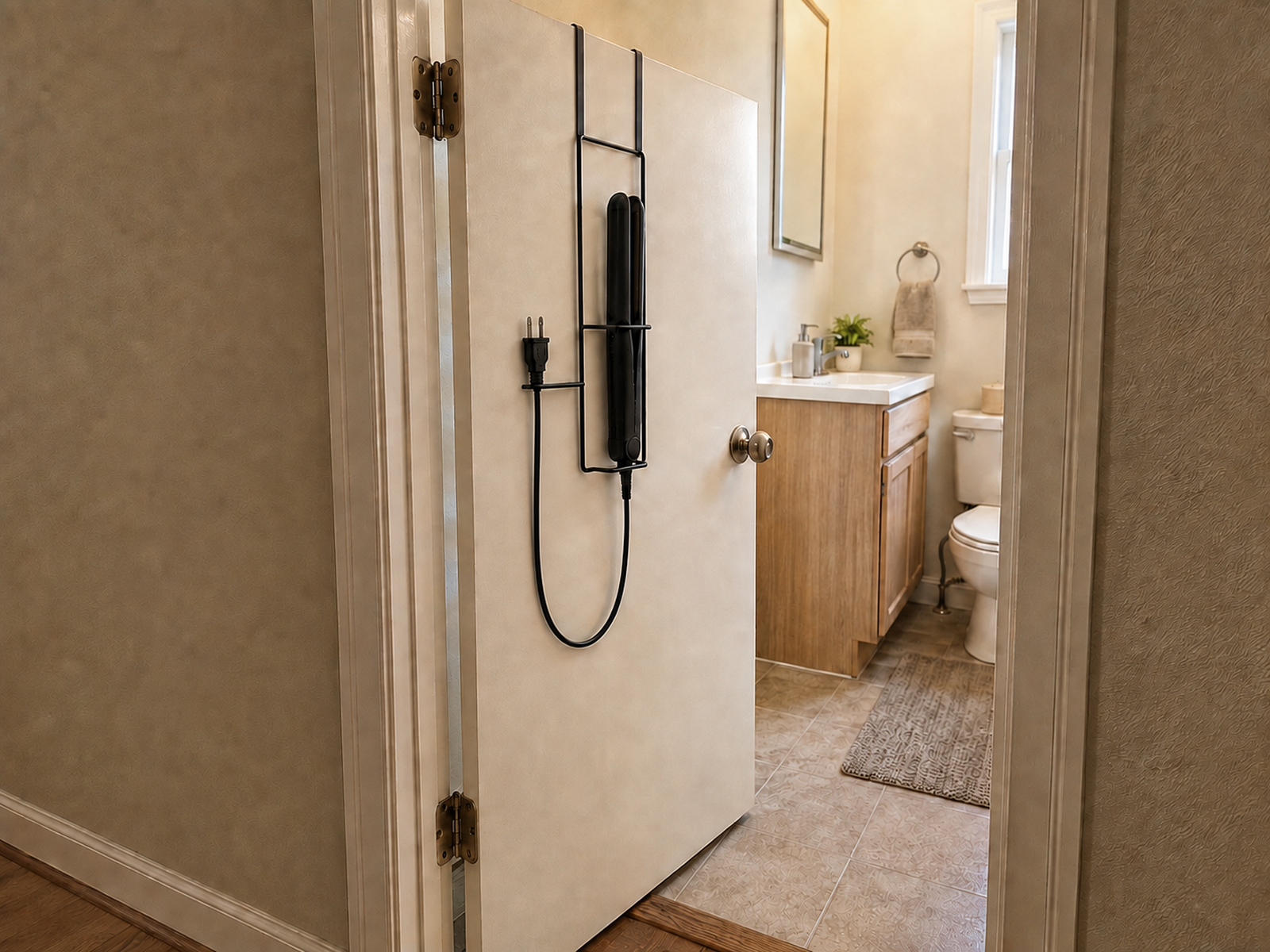Slim over-door frame holding one unplugged flat iron close to a small bathroom door while the doorway and walking path remain clear.