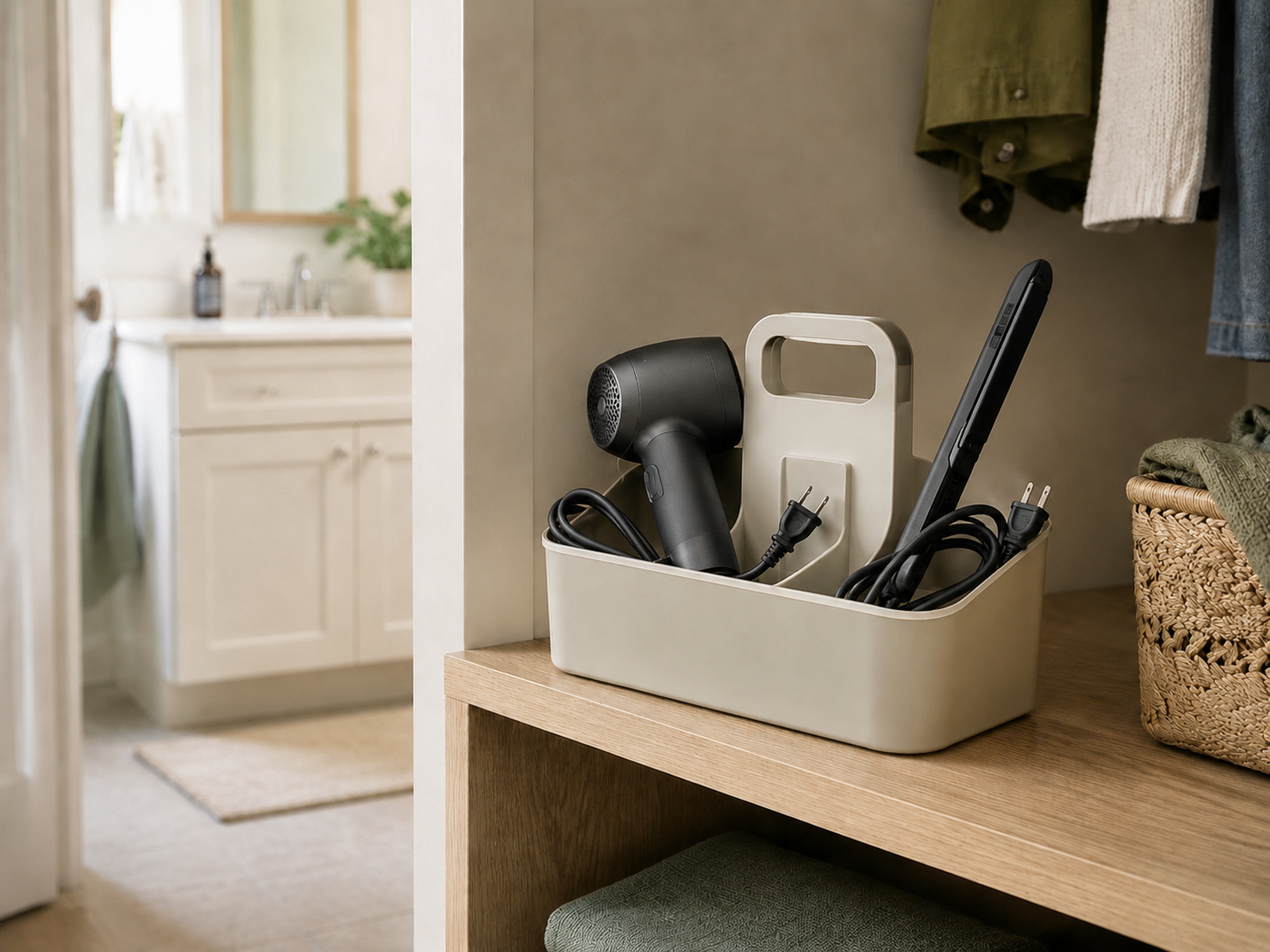Portable caddy with cooled hair tools and loose cords stored on a dry closet shelf beside the small bathroom.