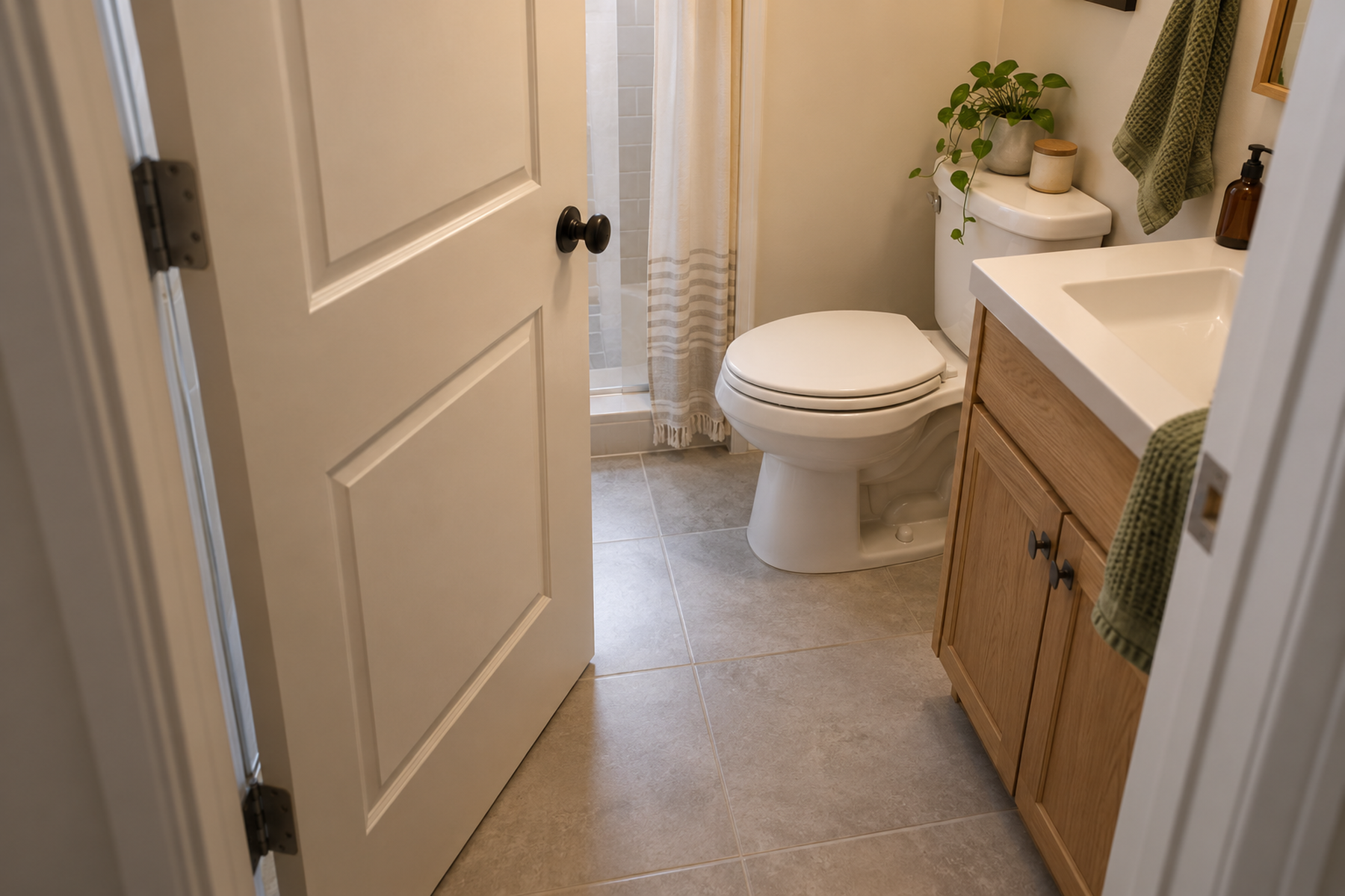 Tiny bathroom with an inward-swinging door partly open beside a toilet and narrow vanity, with the movement zone left clear.