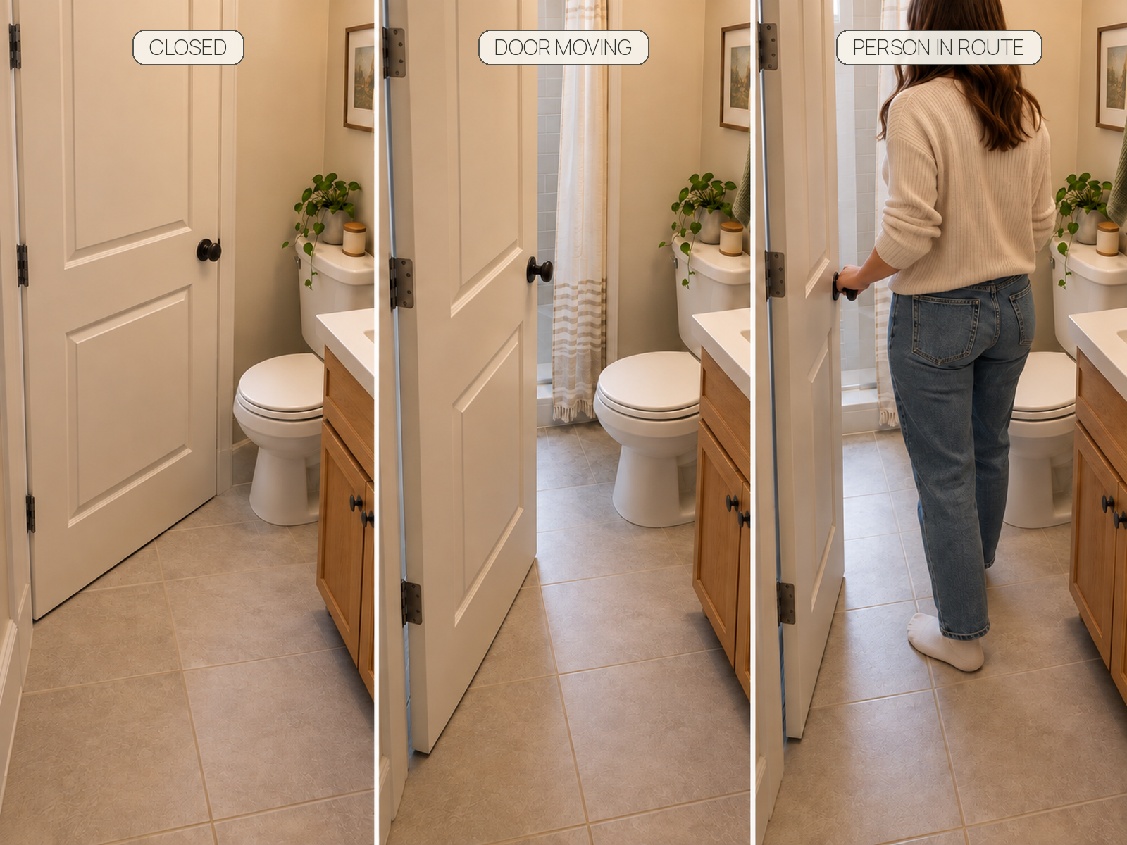 Three-state sequence of the same small bathroom showing the door closed, swinging inward, and a person moving through the entry route.