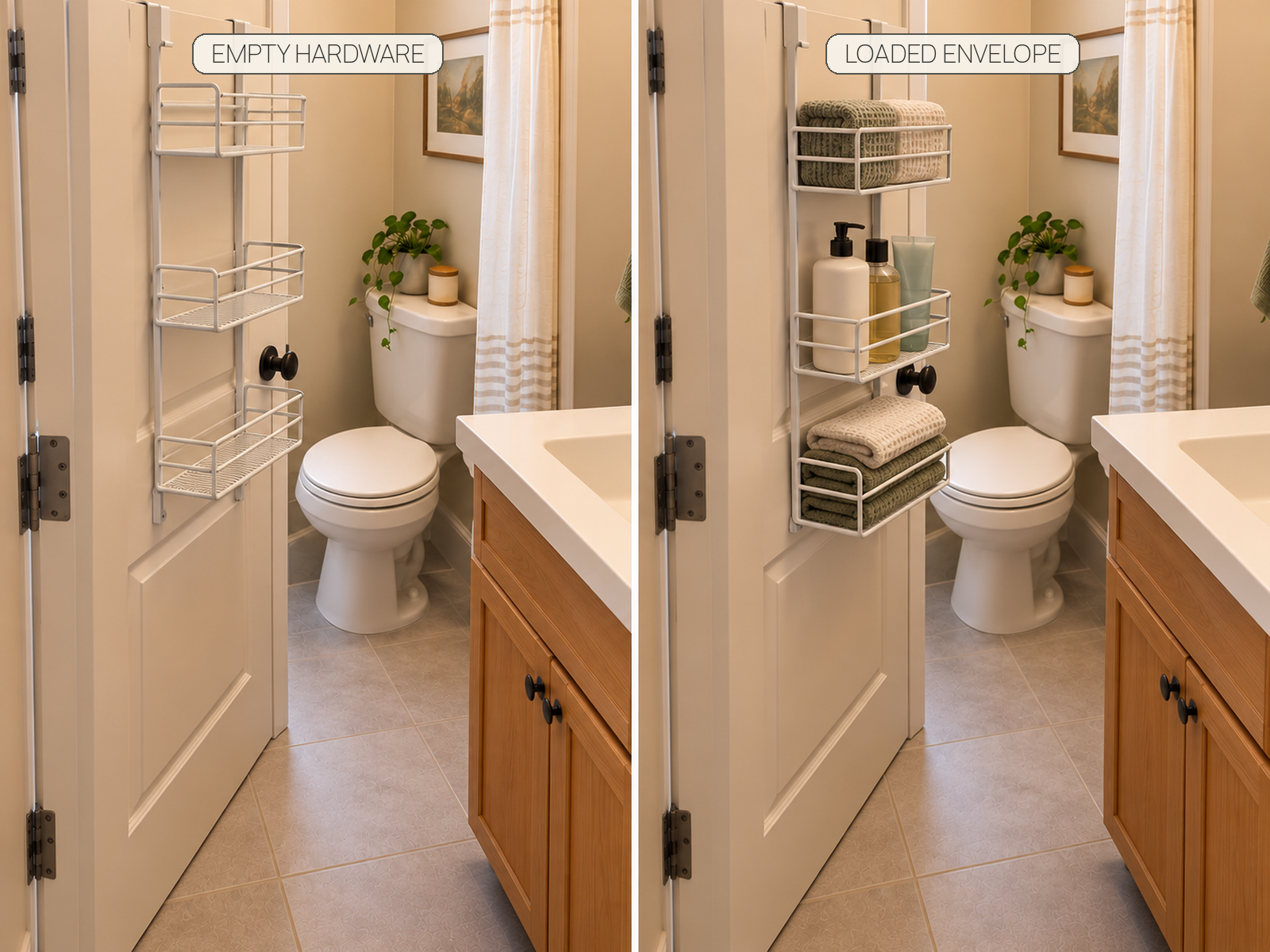 Side-by-side comparison of the same over-door bathroom organizer empty and loaded with towels and toiletries that project farther into the moving path.