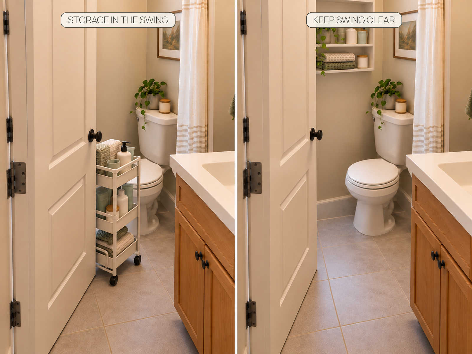 Comparison of a rolling cart intruding into an inward door swing and the same bathroom keeping the swing clear with storage shifted above the toilet.