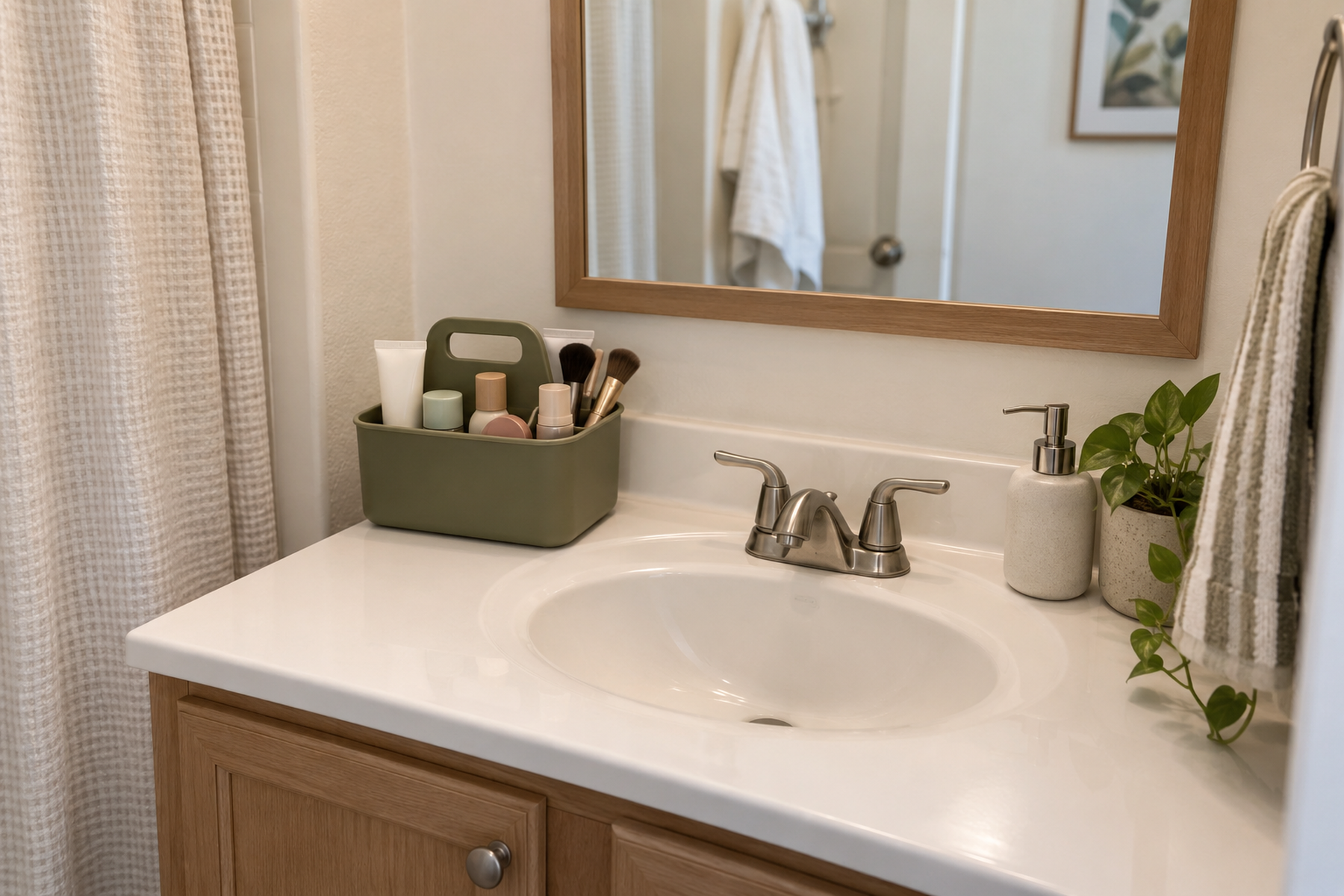 A compact handled makeup and skincare caddy sits beside a small bathroom sink while most of the vanity counter remains clear.