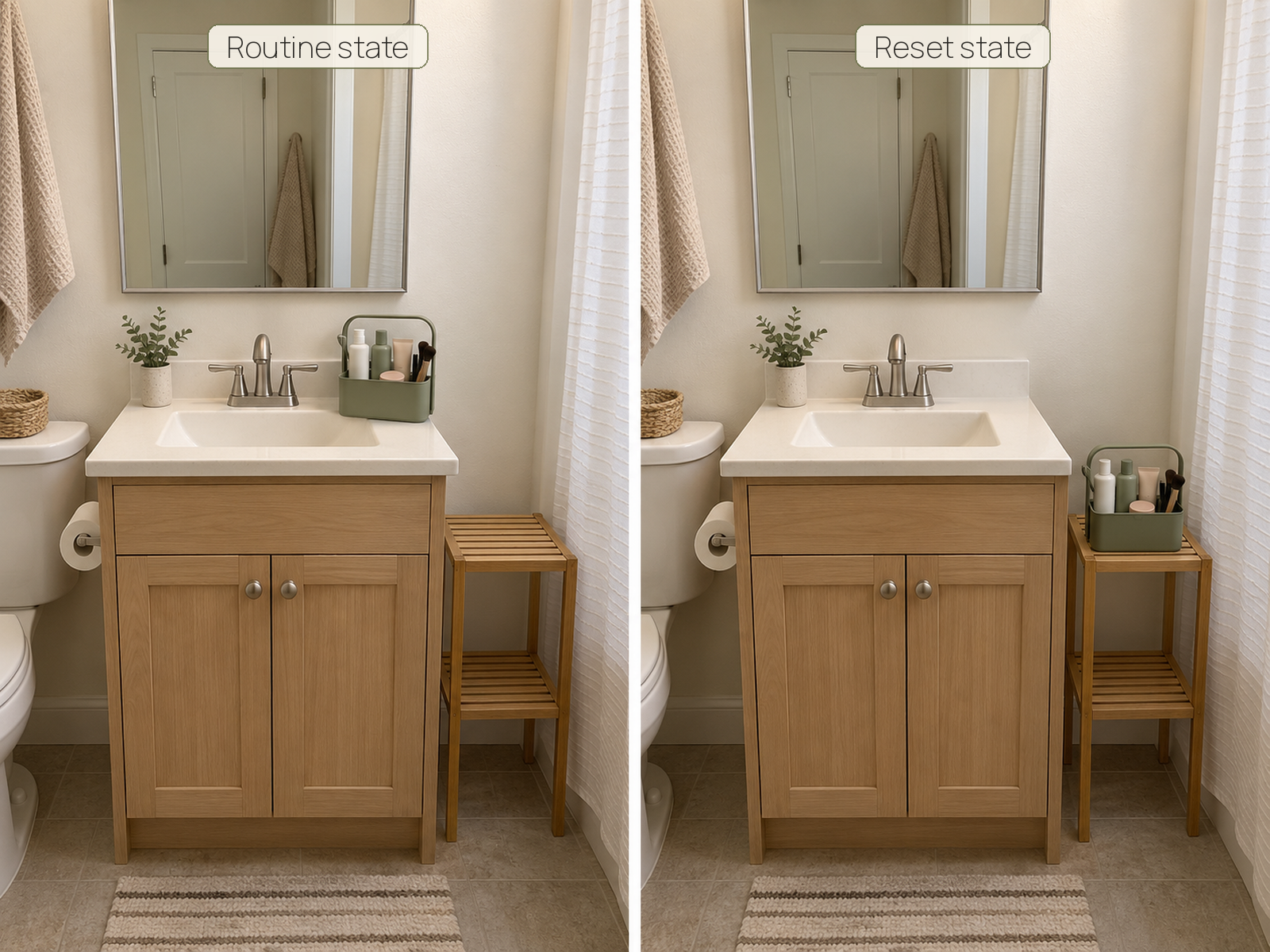 The same small bathroom vanity shows a makeup and skincare caddy on the counter during the routine and stored on a nearby shelf after reset.