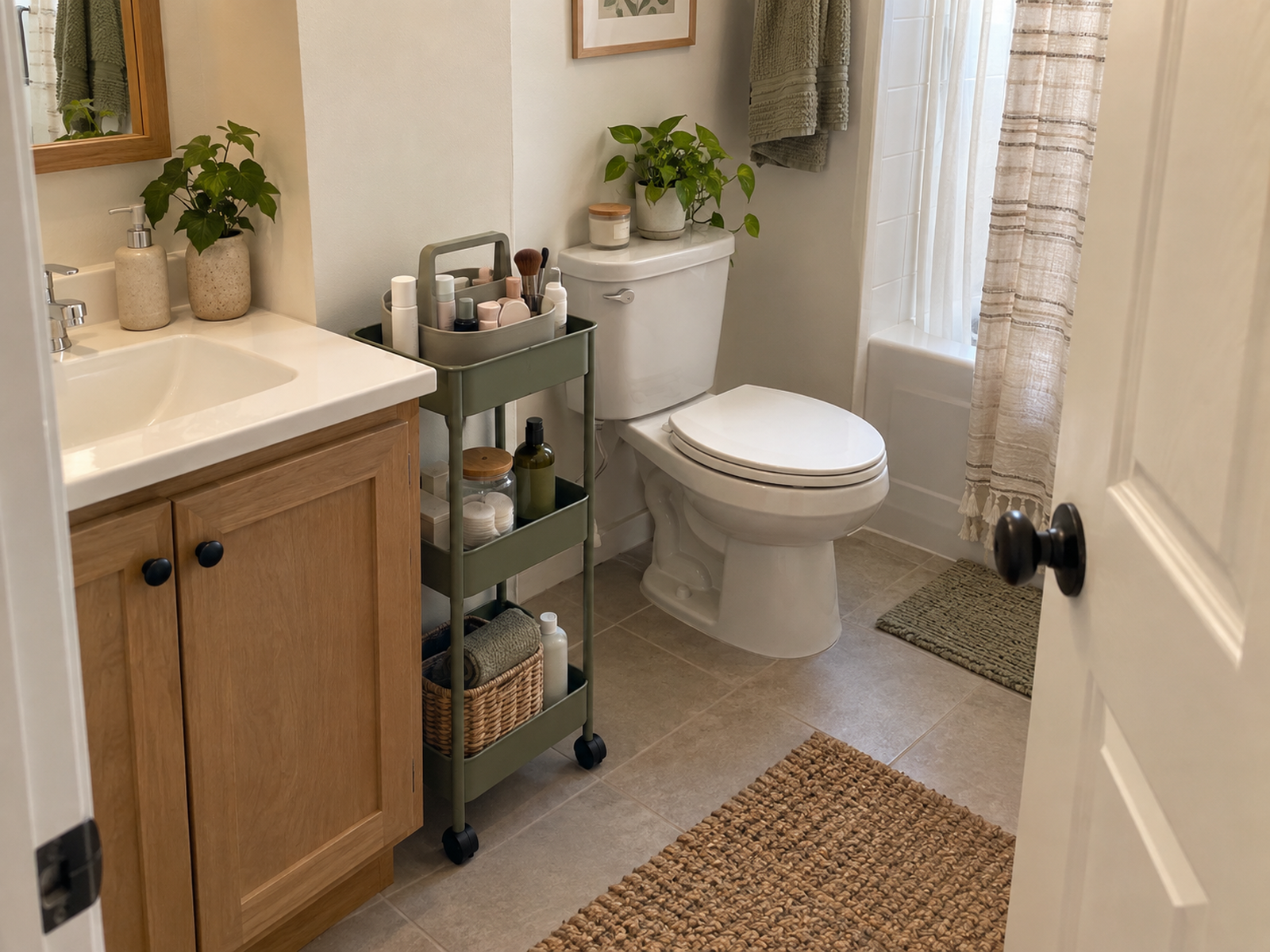 A narrow rolling cart stores a compact makeup and skincare routine beside a small bathroom vanity while the toilet, doorway, shower approach, and walking path remain clear.