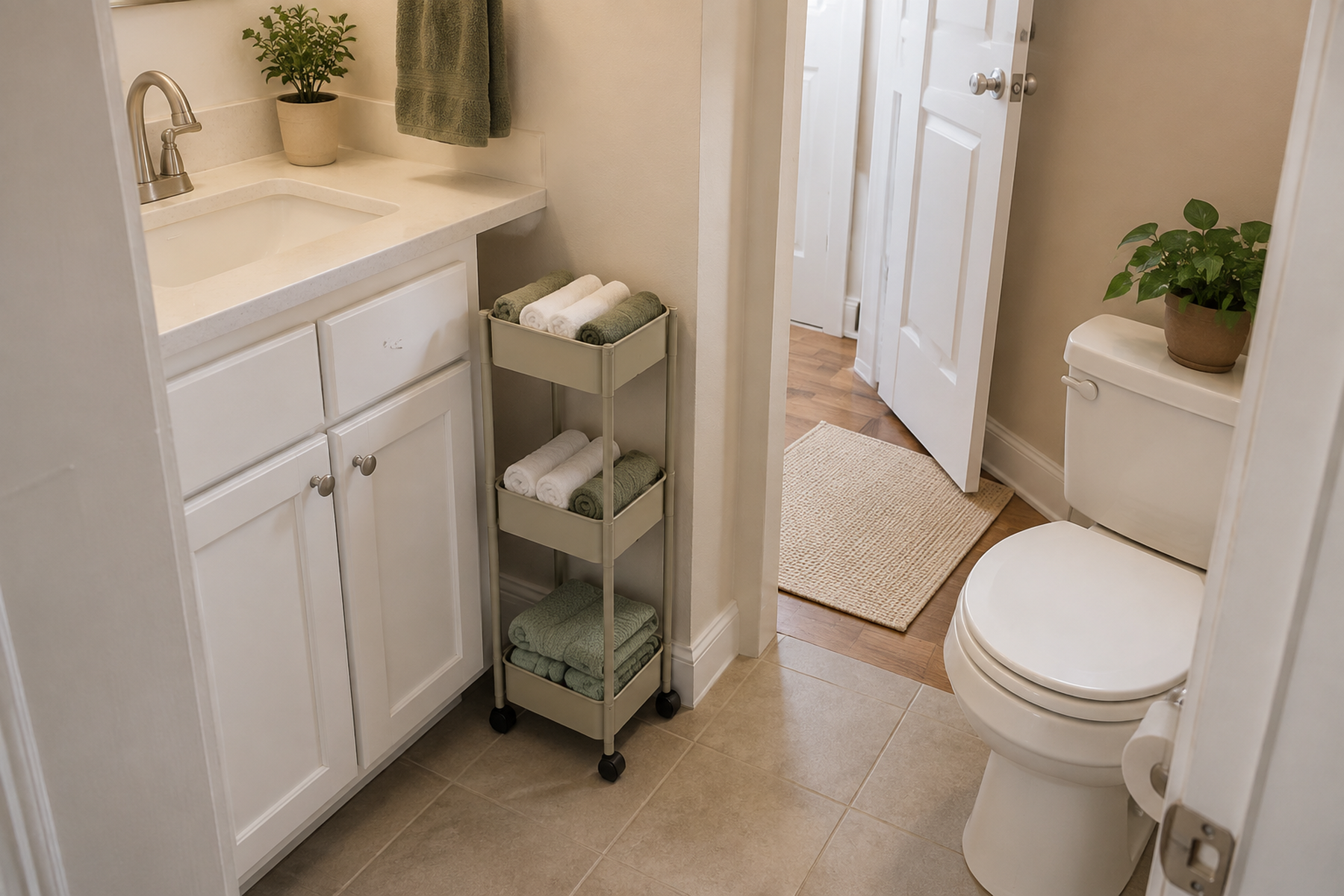 A slim three-tier rolling cart holds folded towels in a narrow gap beside a small bathroom vanity, with the toilet, doorway, and floor path left clear.
