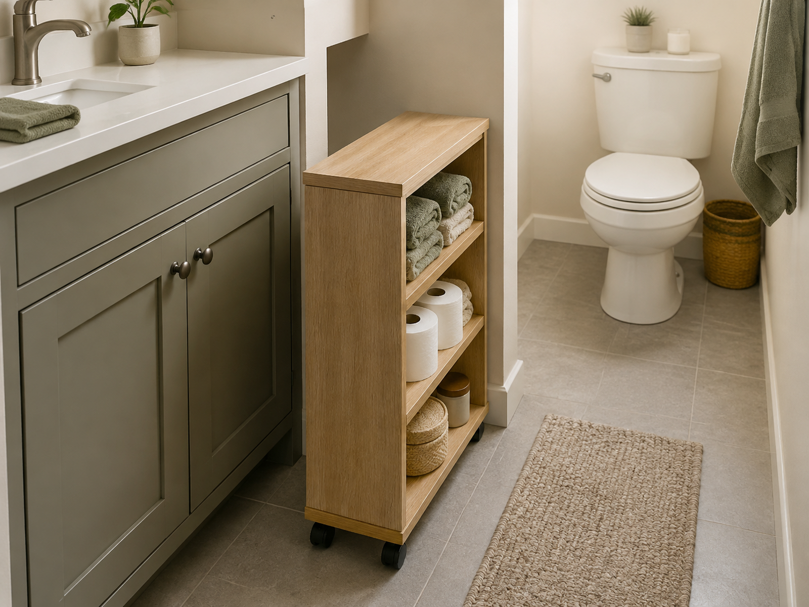 A slim freestanding rolling bathroom tower is pulled forward from a deep narrow bay beside the vanity, exposing side shelves while the toilet approach remains open.