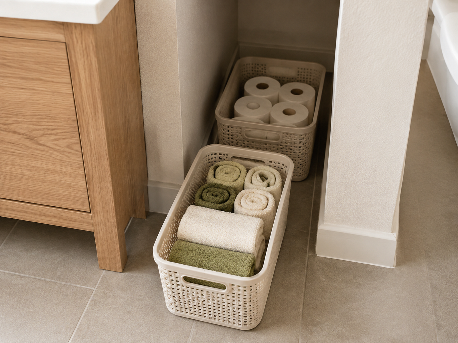 Two shallow removable bins use a deep narrow bathroom recess, with the front towel bin pulled out to reveal a backup toilet-paper bin behind it.
