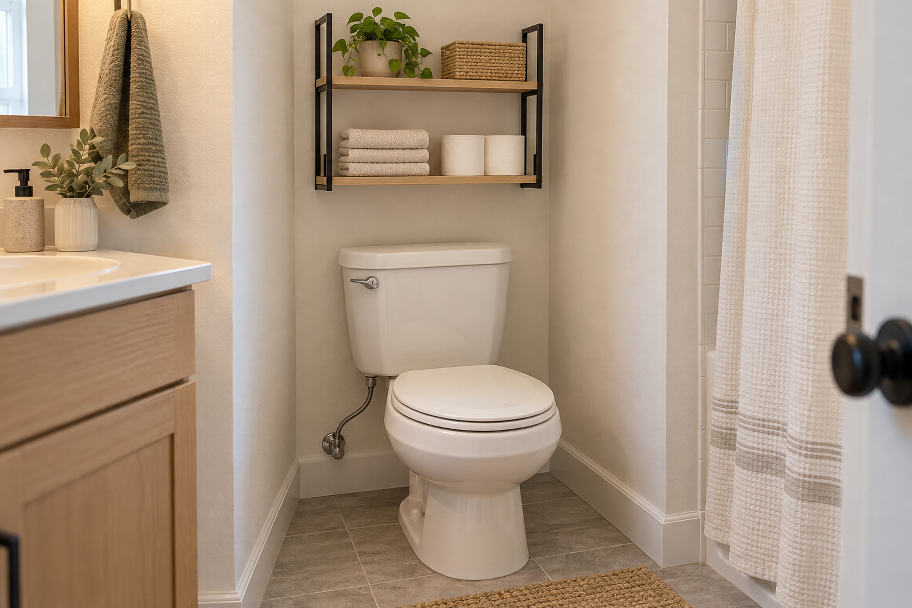 A compact bathroom uses shallow wall-secured shelves above the toilet while keeping the tank, supply line, shutoff, and floor cleaning area accessible.