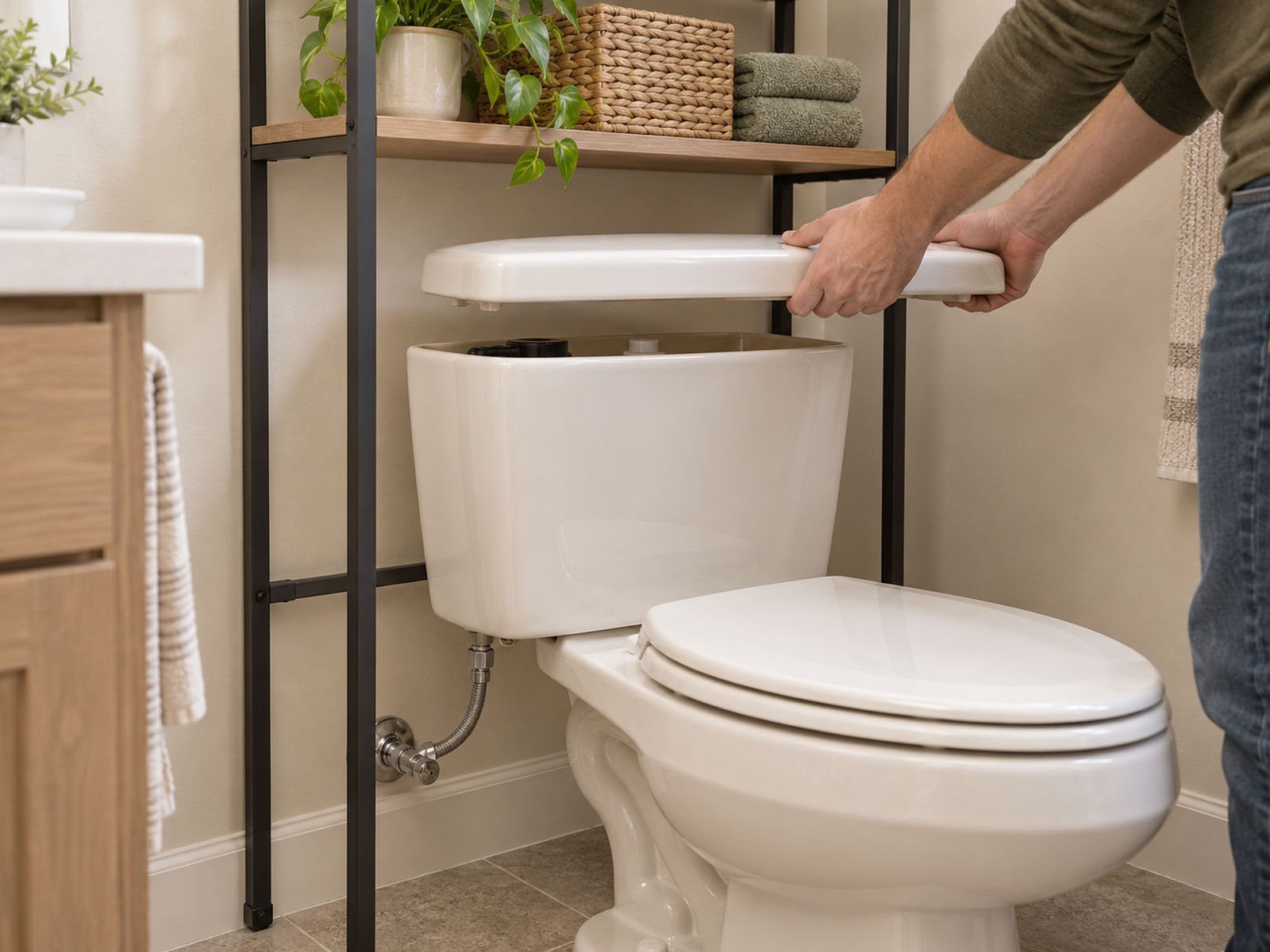 Hands lift the toilet tank lid beneath an over-the-toilet frame while the supply line, shutoff, and lower legs remain clear.