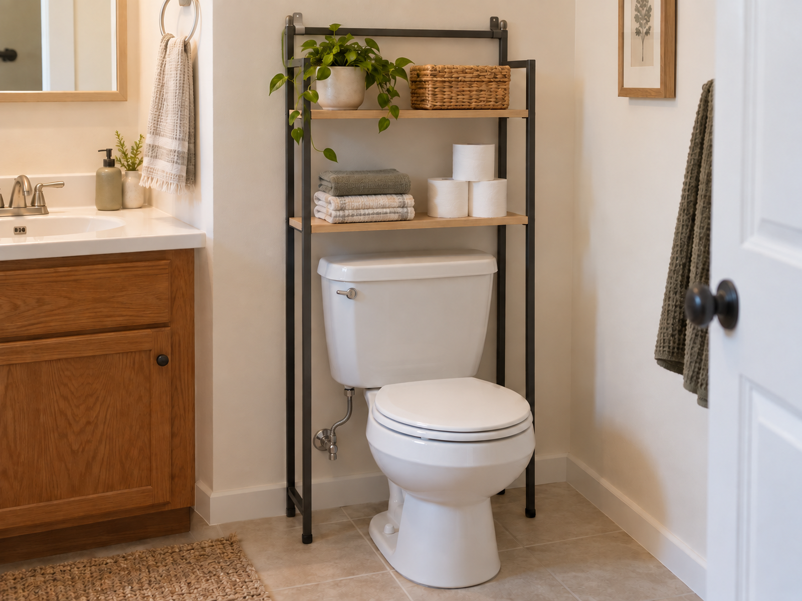 A shallow freestanding over-the-toilet unit uses discreet top stabilization, light storage, open tank access, and legs that clear the plumbing.