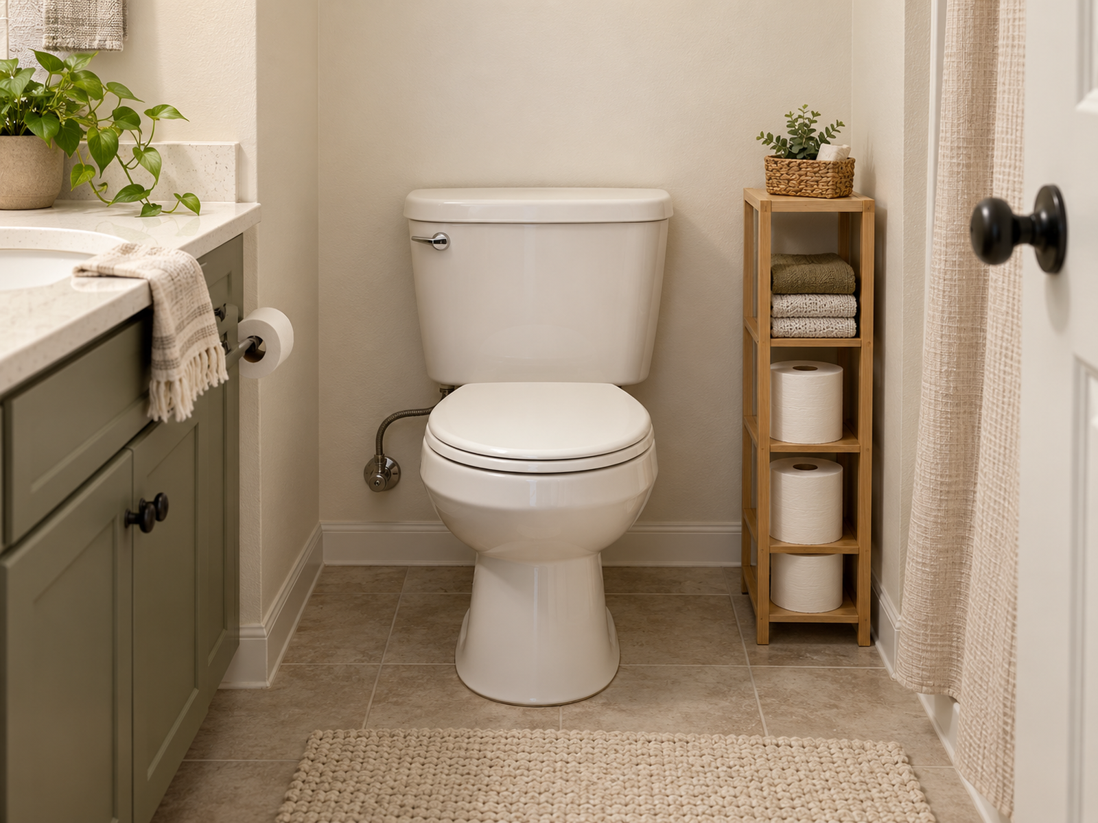 A narrow freestanding tower beside the toilet stores towels and paper while the wall above the tank and the opposite-side shutoff remain open.