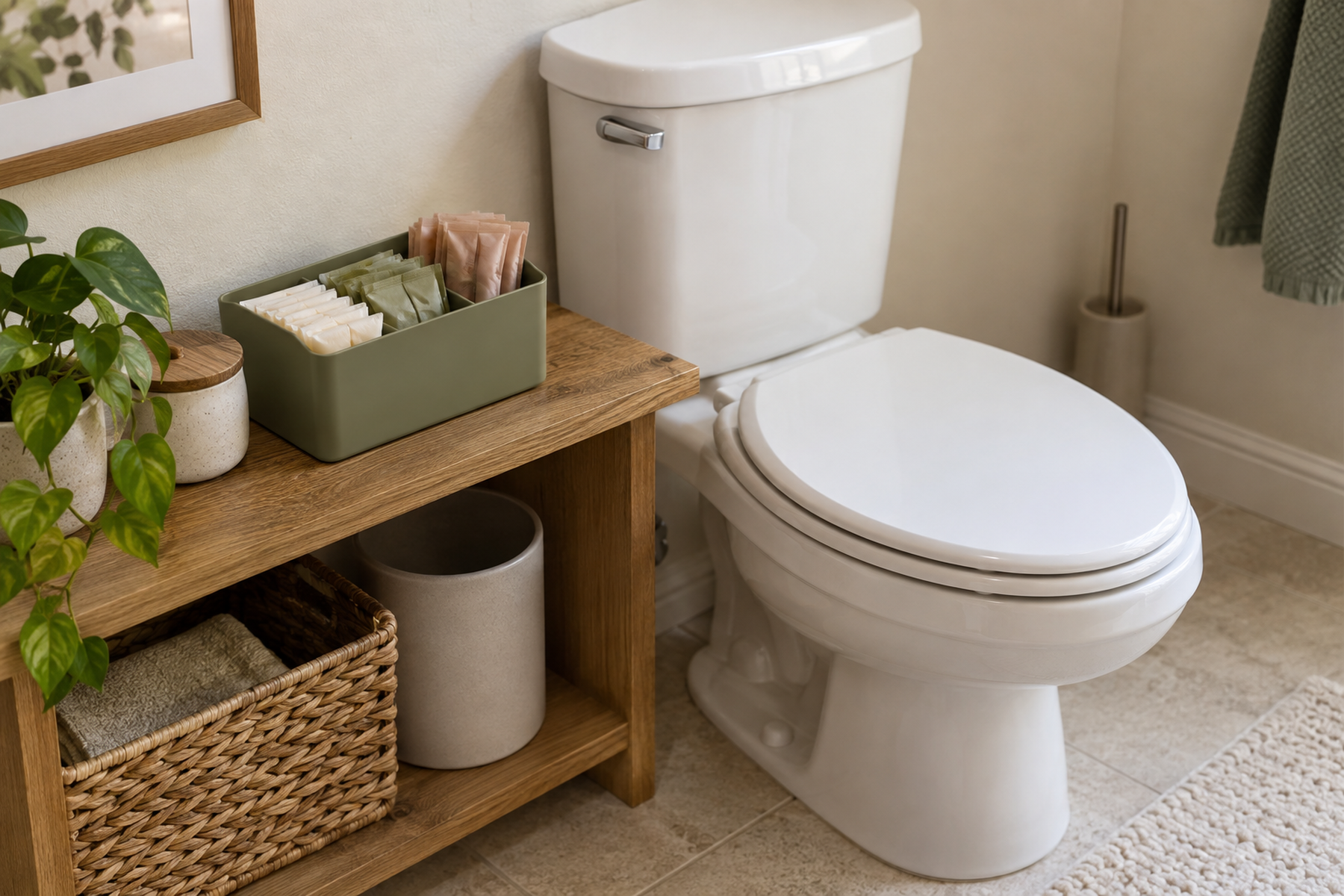 A small working supply of plain individually wrapped period products stored in a compact organizer on a stable shelf within easy reach of a toilet.