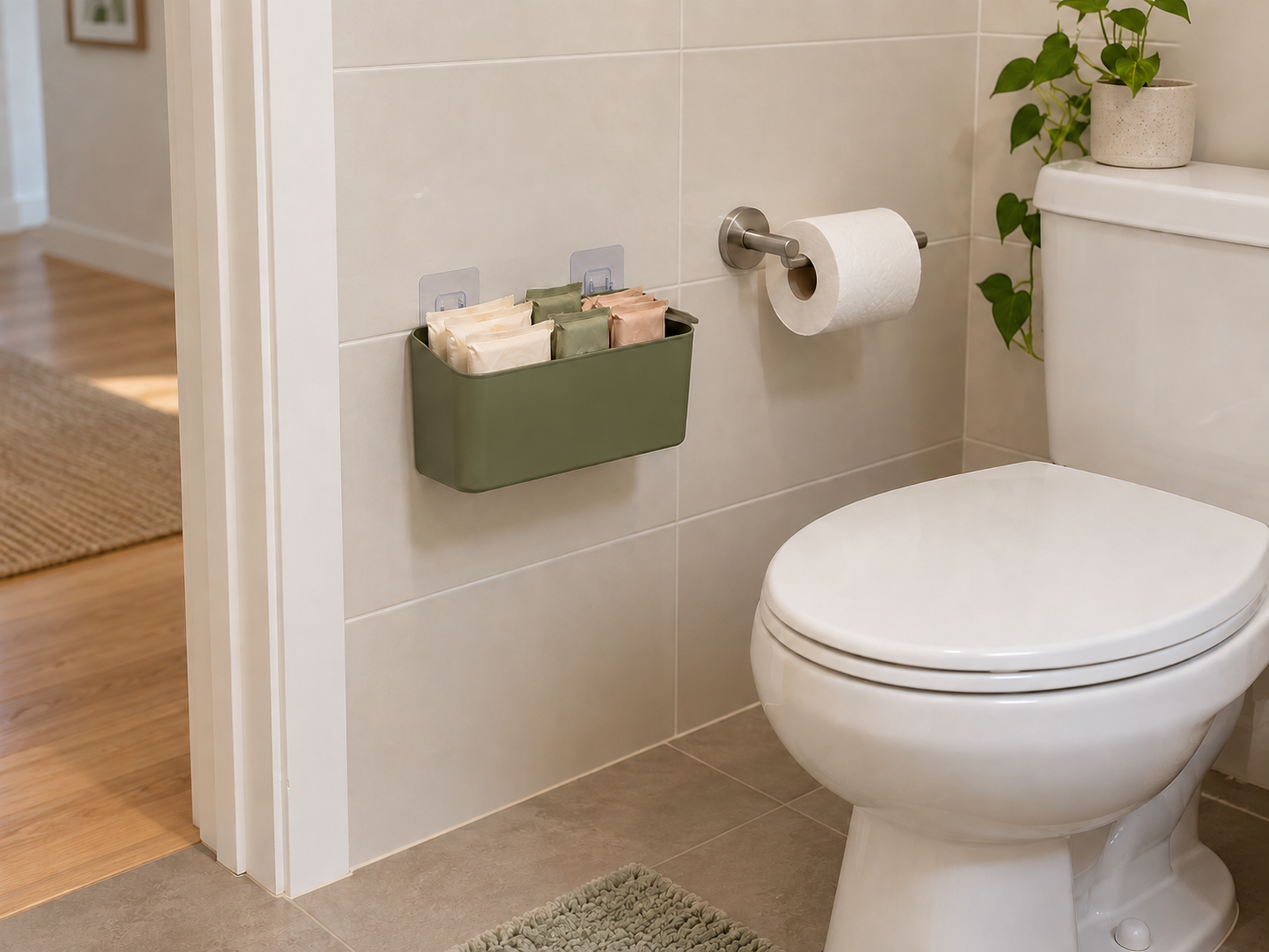 A compact wall-mounted period-product bin beside a toilet holding a small working supply while the bathroom floor and doorway remain clear.