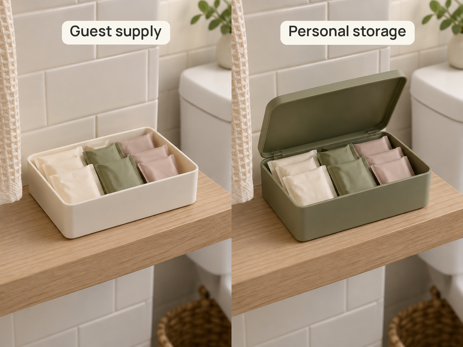 Comparison of the same small period-product supply presented in an open guest tray and an opaque easy-opening personal storage box.