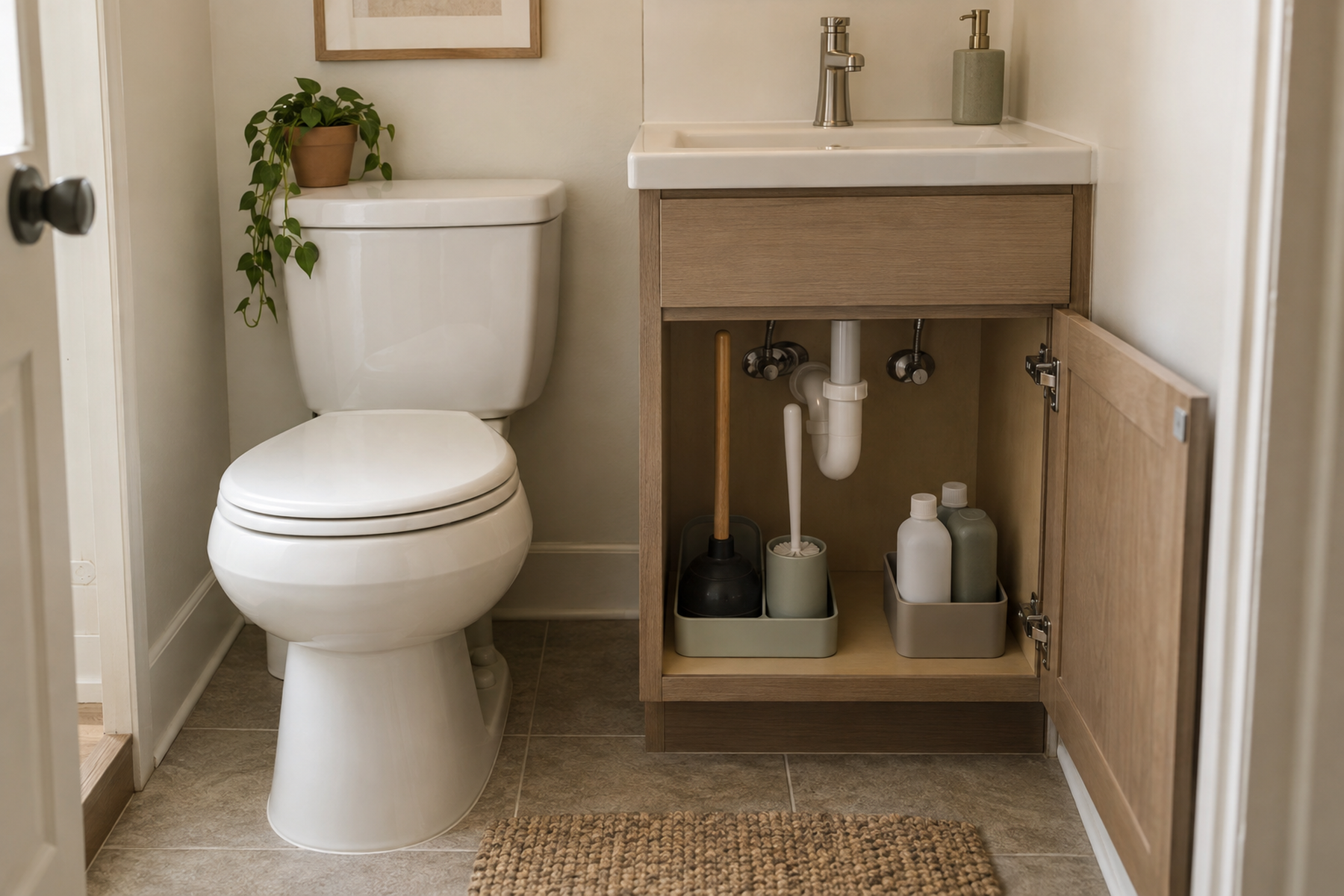 A dry plunger and toilet brush in separate washable holders under a small vanity where the toilet leaves no usable floor strip beside it.