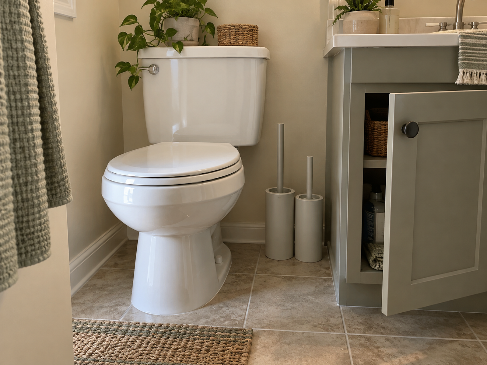 A compact covered plunger-and-brush station fits in a real floor strip beside a toilet without blocking the foot zone or vanity door.