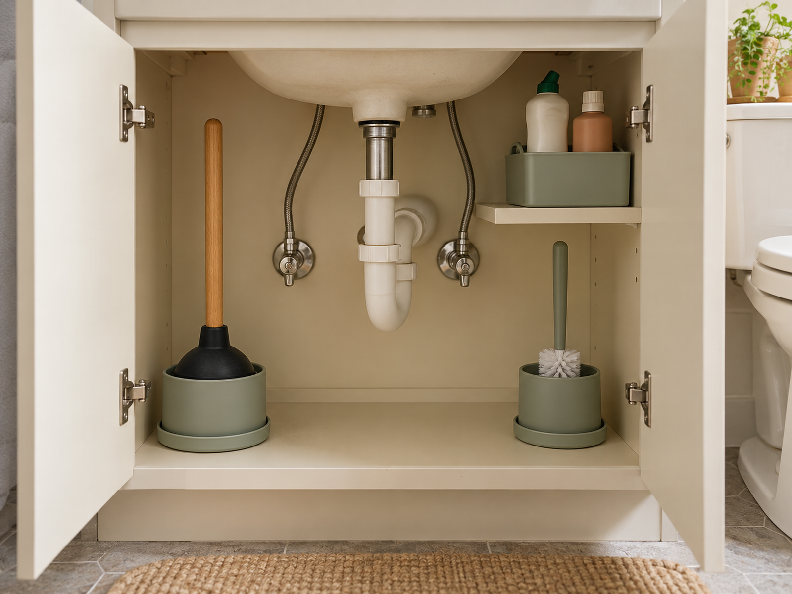 A dry plunger and toilet brush stand in separate rigid washable holders beneath a small sink with the plumbing service corridor clear.
