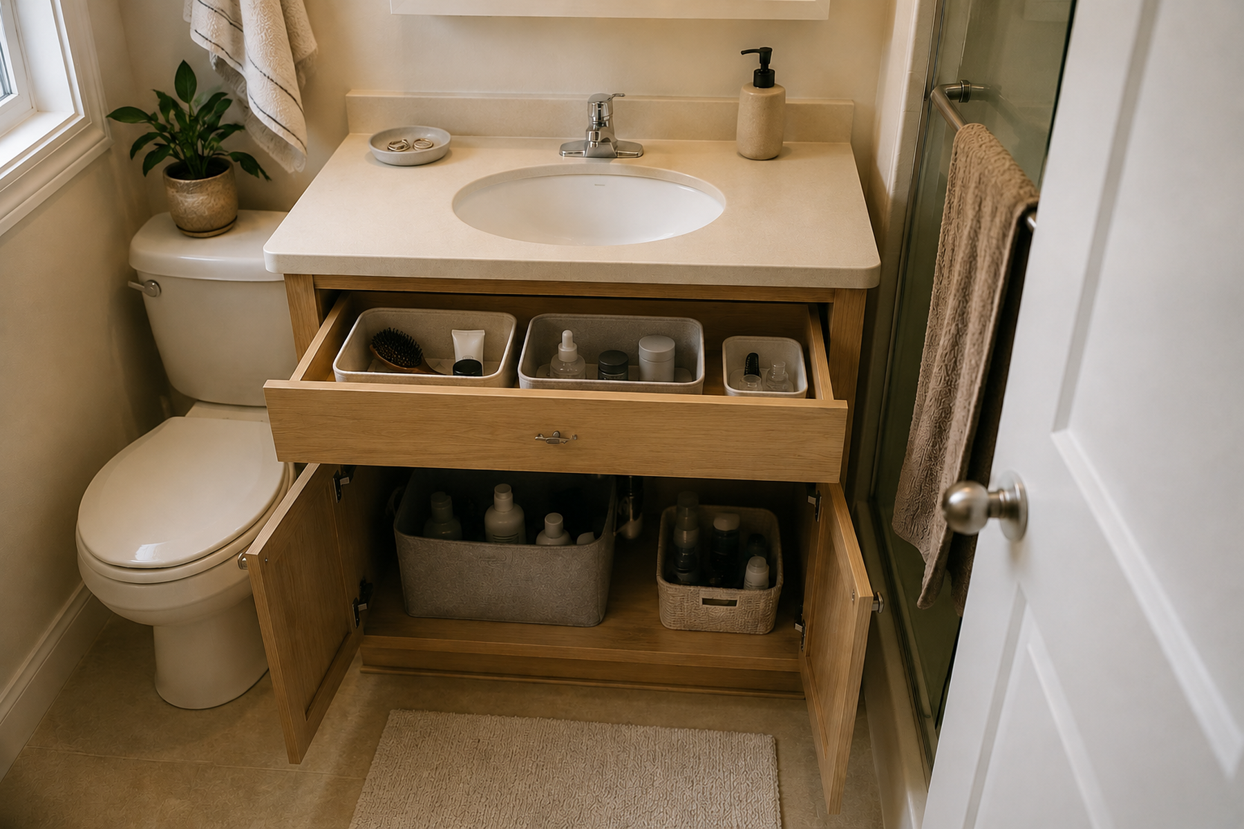 Compact one-sink bathroom with three bounded daily toiletry zones in an open drawer and a mostly clear counter.
