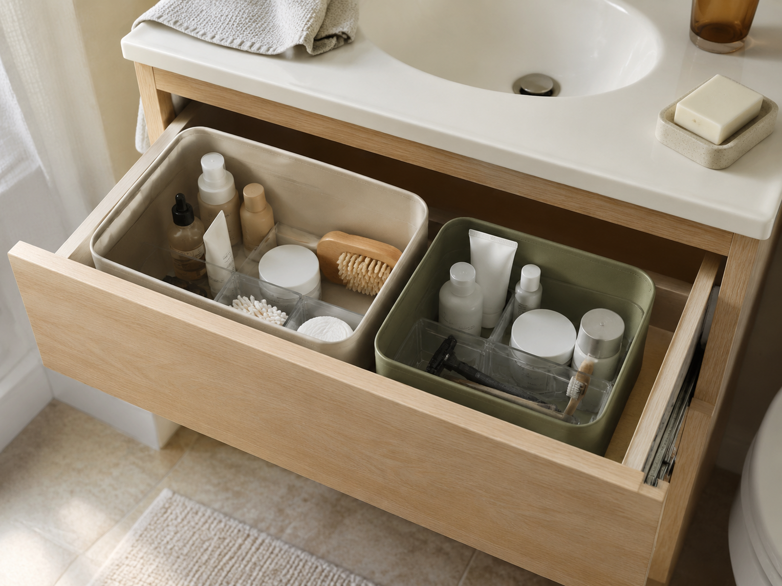 Two separate neutral bins organize daily toiletries in the same shallow bathroom drawer, with both zones directly accessible.