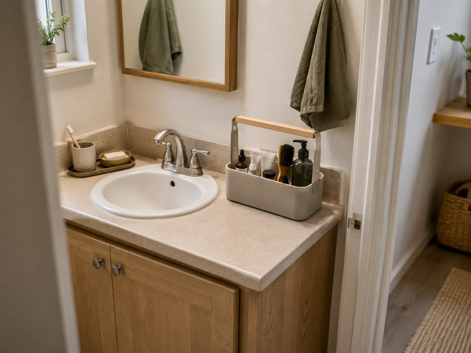 Portable personal-care caddy staged beside a single sink while the basin and opposite counter space remain clear.