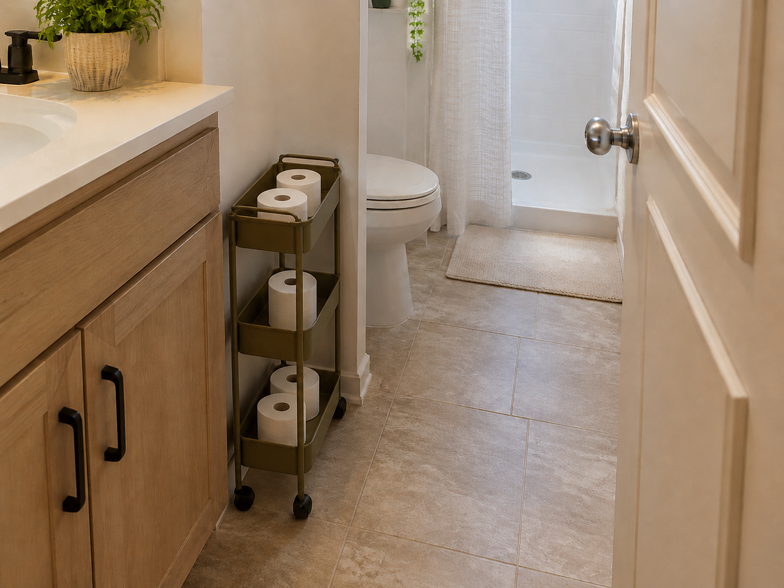 Slim three-tier rolling cart holding backup toilet paper in a residual wall zone, leaving the bathroom door, vanity, toilet, and shower path clear.