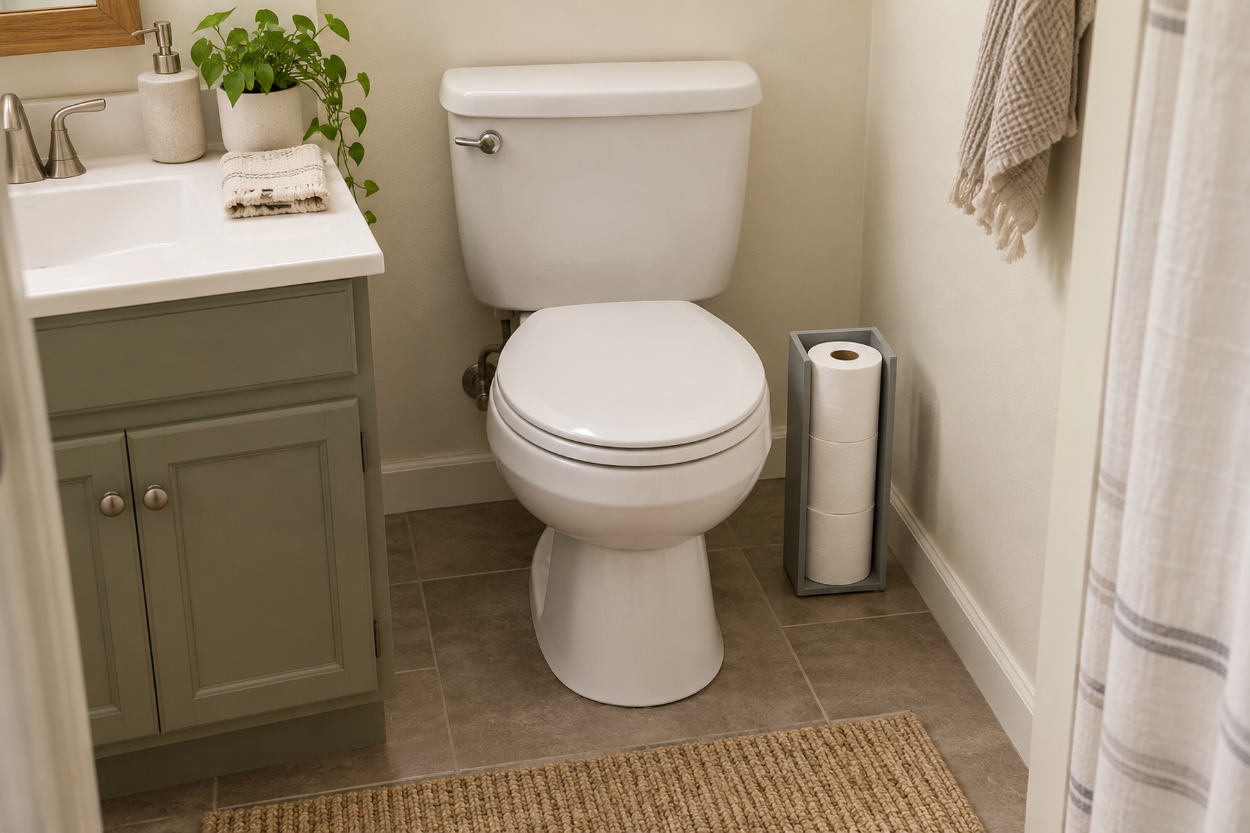 A compact freestanding holder keeps three toilet-paper rolls beside a toilet in a small bathroom while the tank, walking path, and floor-cleaning area remain clear.