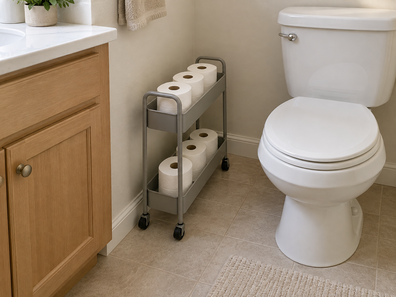 A narrow two-tier rolling cart holds six toilet-paper rolls in a residual strip between a small bathroom vanity and toilet, leaving walking and cleaning access open.