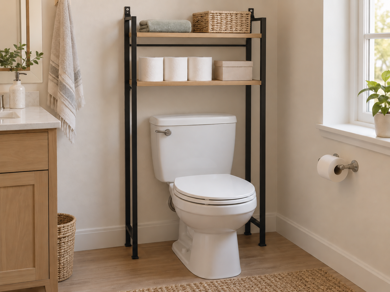 Wall-secured over-the-toilet shelving stores three reserve rolls above a toilet in a small bathroom while the tank lid, flush handle, and normal approach remain clear.