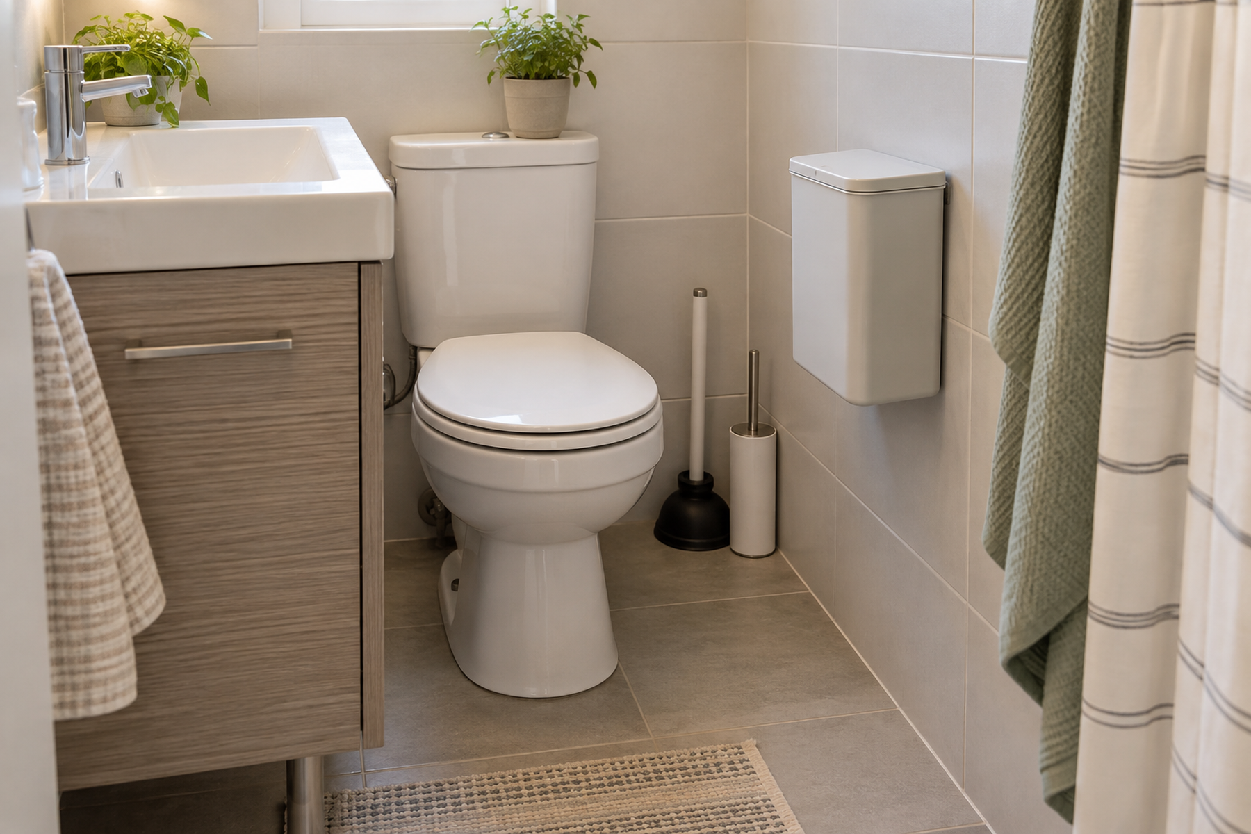 A compact wall-mounted trash can beside a toilet in a tiny bathroom, leaving the floor clear for foot space, toilet tools, and cleaning.