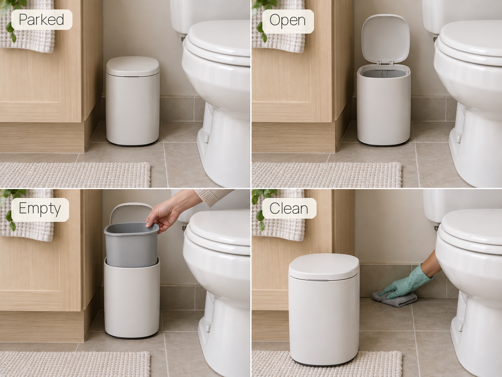 Four matched bathroom scenes show the same trash can parked, opened, emptied by lifting its inner bucket, and moved forward for floor cleaning.