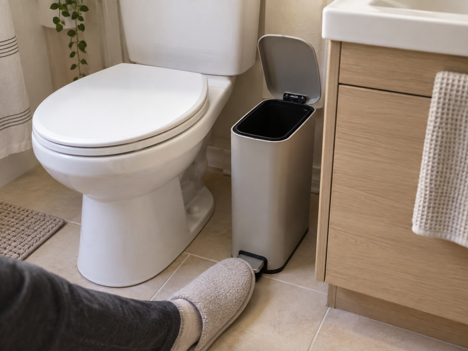 A slim pedal trash can beside a toilet in a small bathroom with natural foot access, an open lid that clears the fixtures, and open floor in front for removal and cleaning.