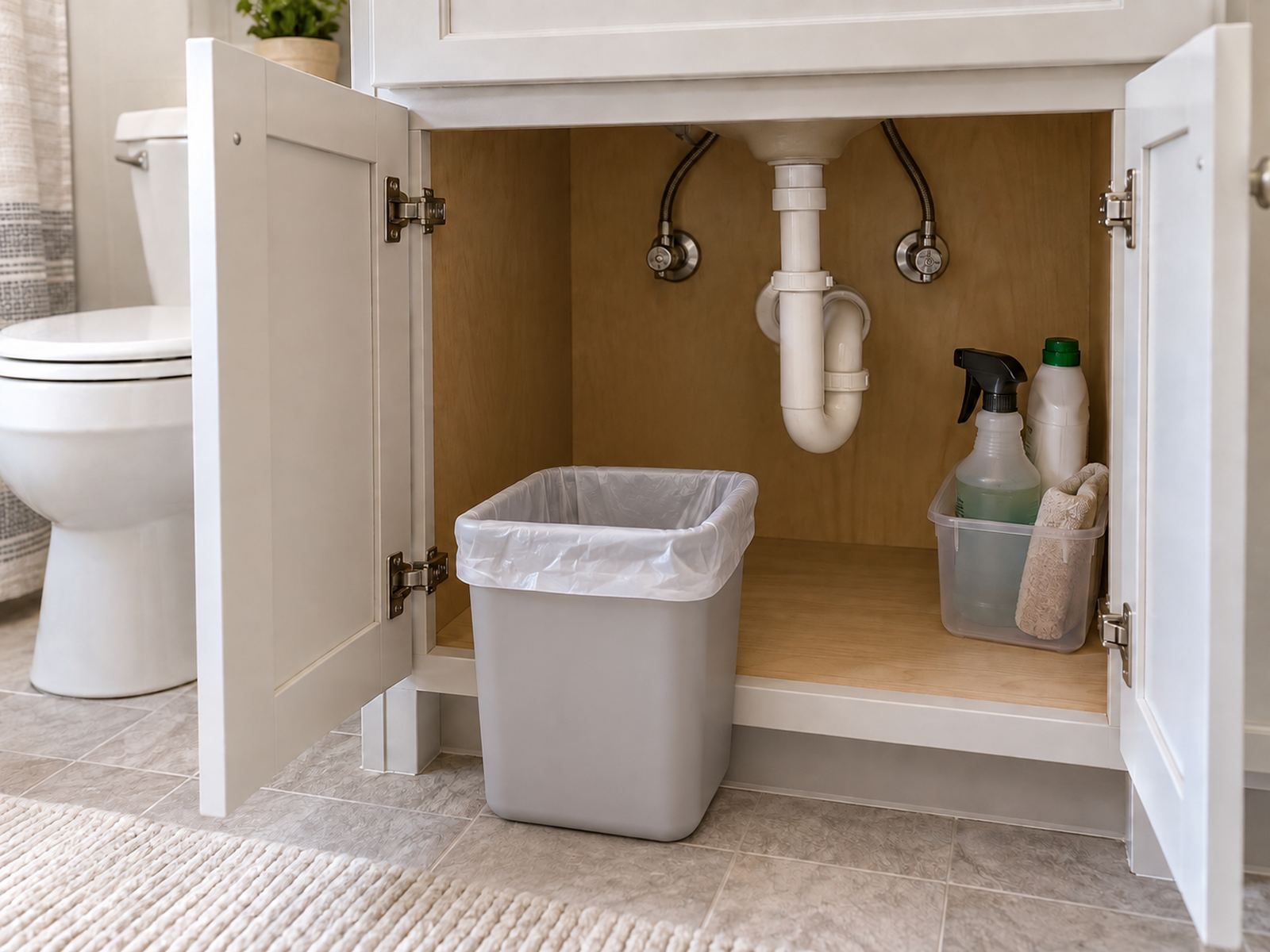 A small bathroom trash can pulled forward from an under-sink cabinet with clear plumbing access, separate cleaning supplies, and open space to remove the liner.