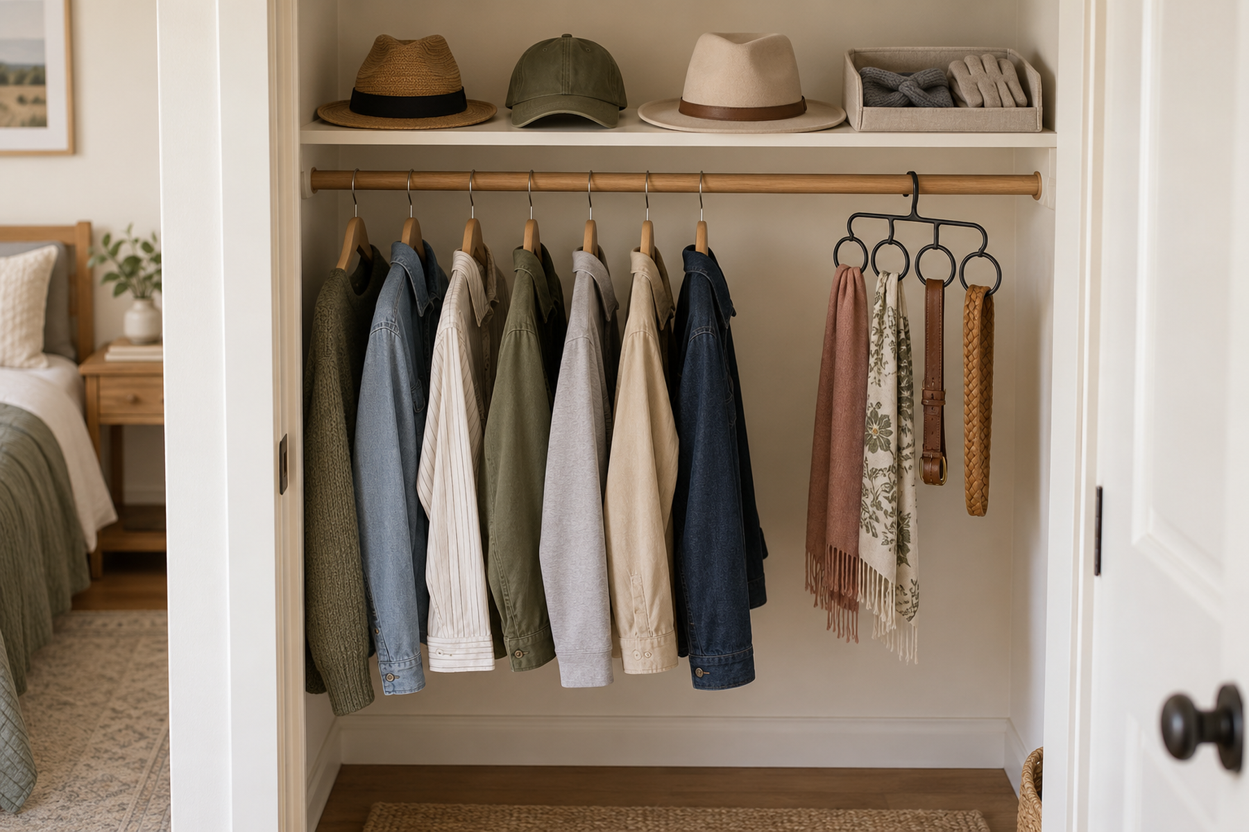 A small closet uses a compact loop hanger for scarves and belts, three hats on the upper shelf, and a shallow glove compartment while clothing and floor access remain clear.