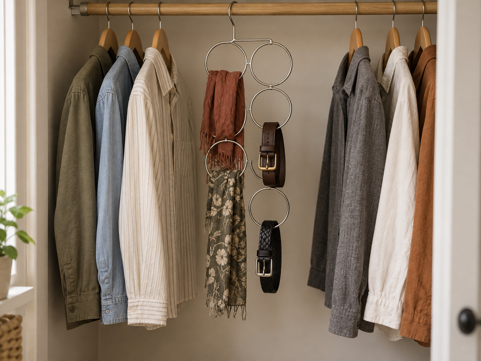 Two scarves and two belts are spaced across a multi-loop hanger in a small closet with empty loops, movable neighboring clothes, and clear space below.