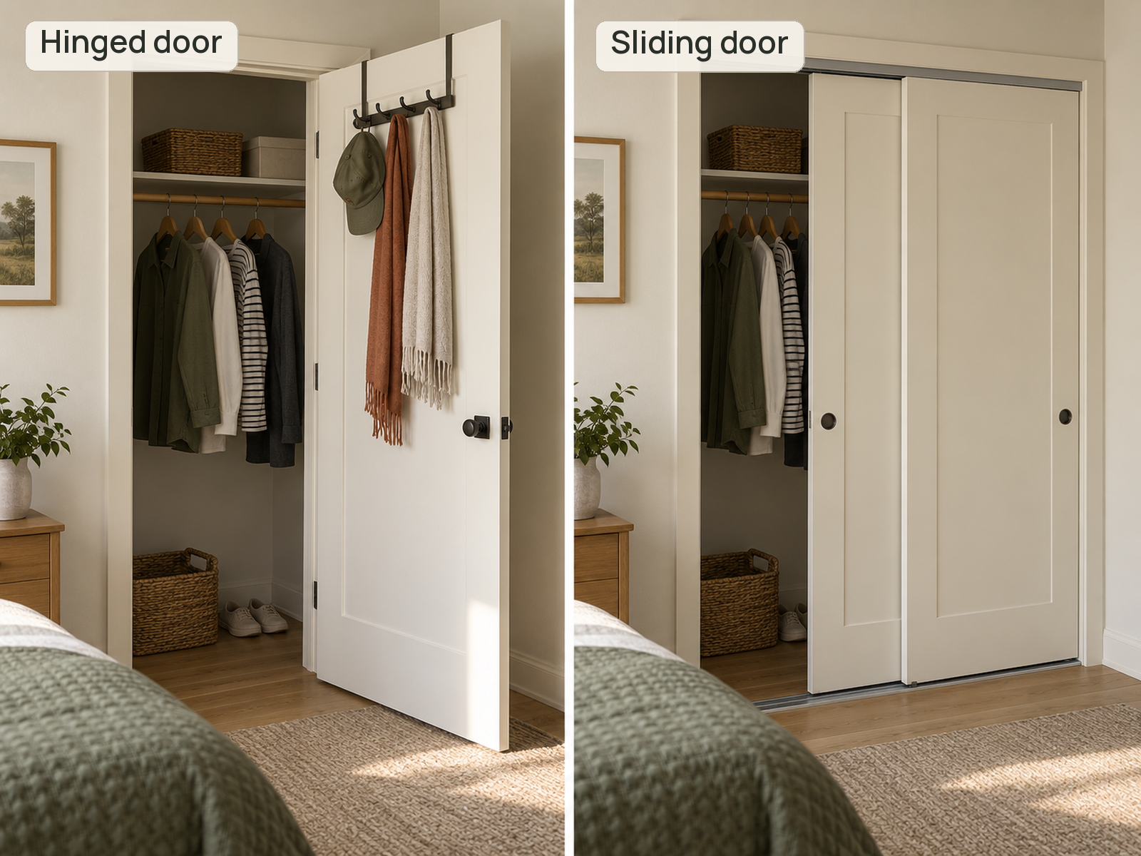 Matched small closets show an over-door accessory organizer on a hinged door and overlapping sliding doors whose tracked top edges do not accept the same organizer.